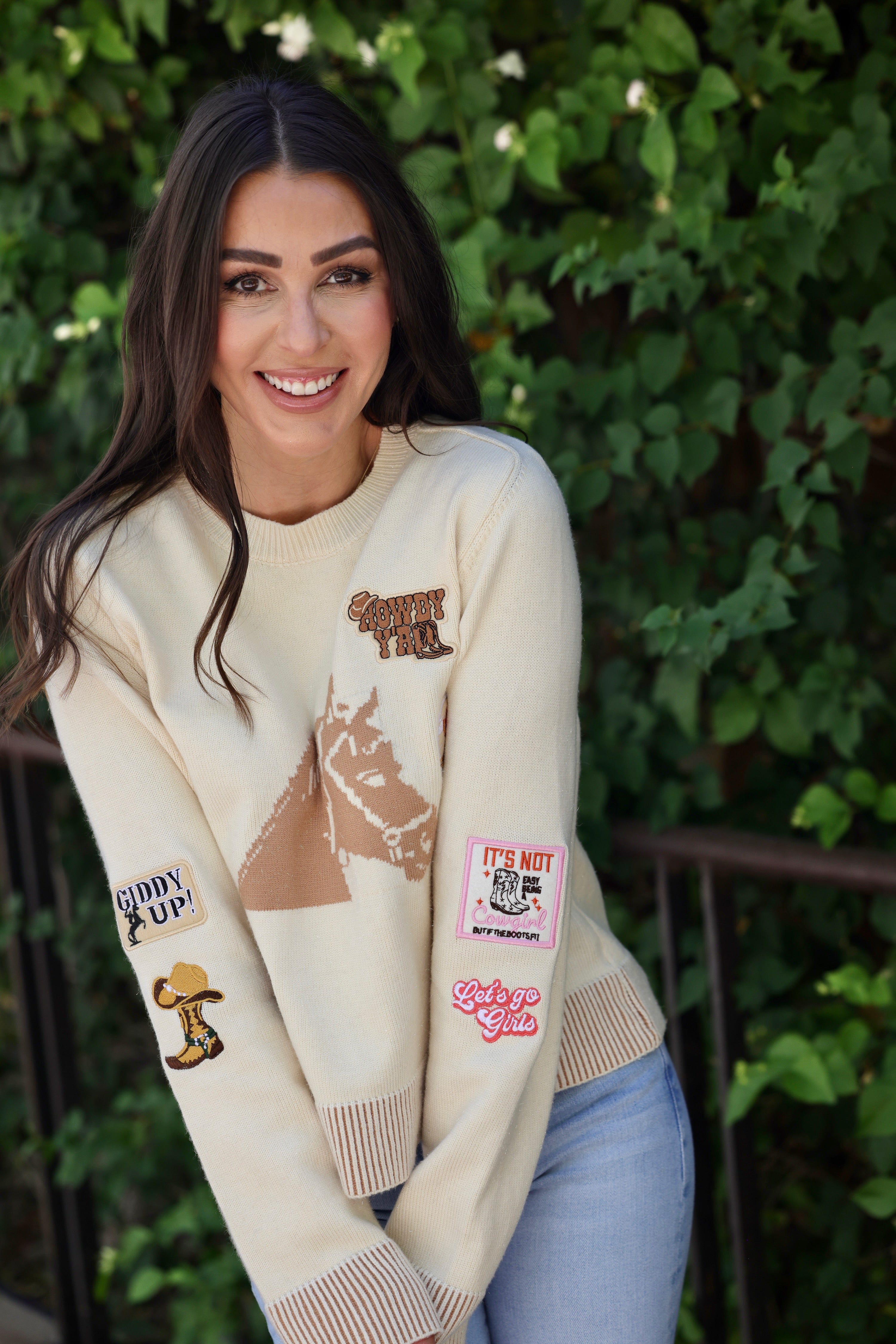 Blue B Giddy Up Patch Sweater, 36839W - Horse Graphic Western Patch Sweater, Ivory crop sweater with horse graphic, western patch accents, and soft lurex shine on comfy knit