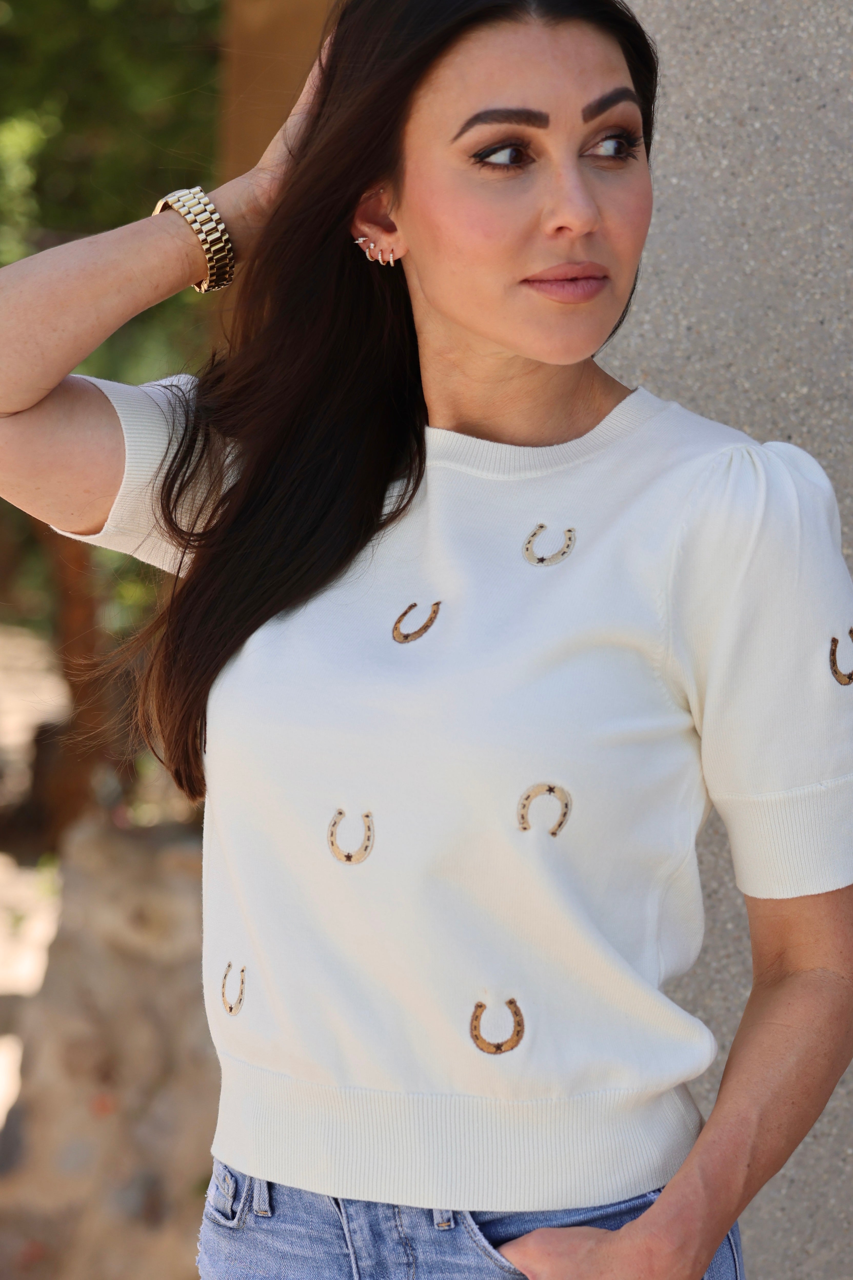 Gilli Round Neck Puff Sleeve Embroidered Horseshoes Knit Top