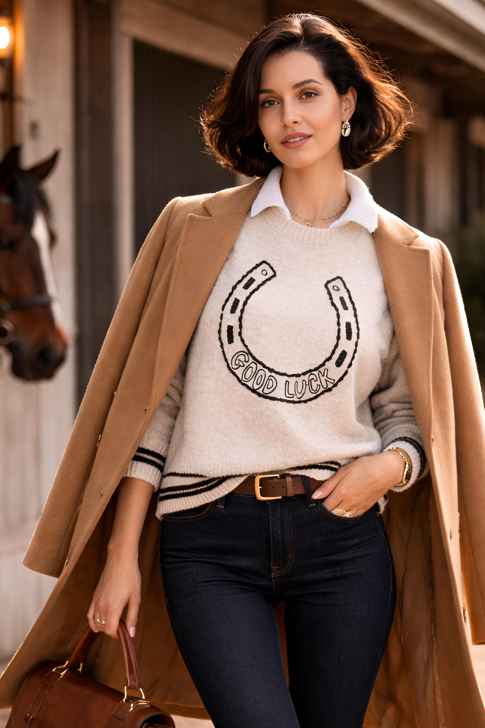 Equestrian horseshoe sweater with bold graphic design and relaxed crewneck fit. horseshoe sweater, equestrian sweater, horse sweater, horse girl sweater, equestrian apparel, horse themed clothing