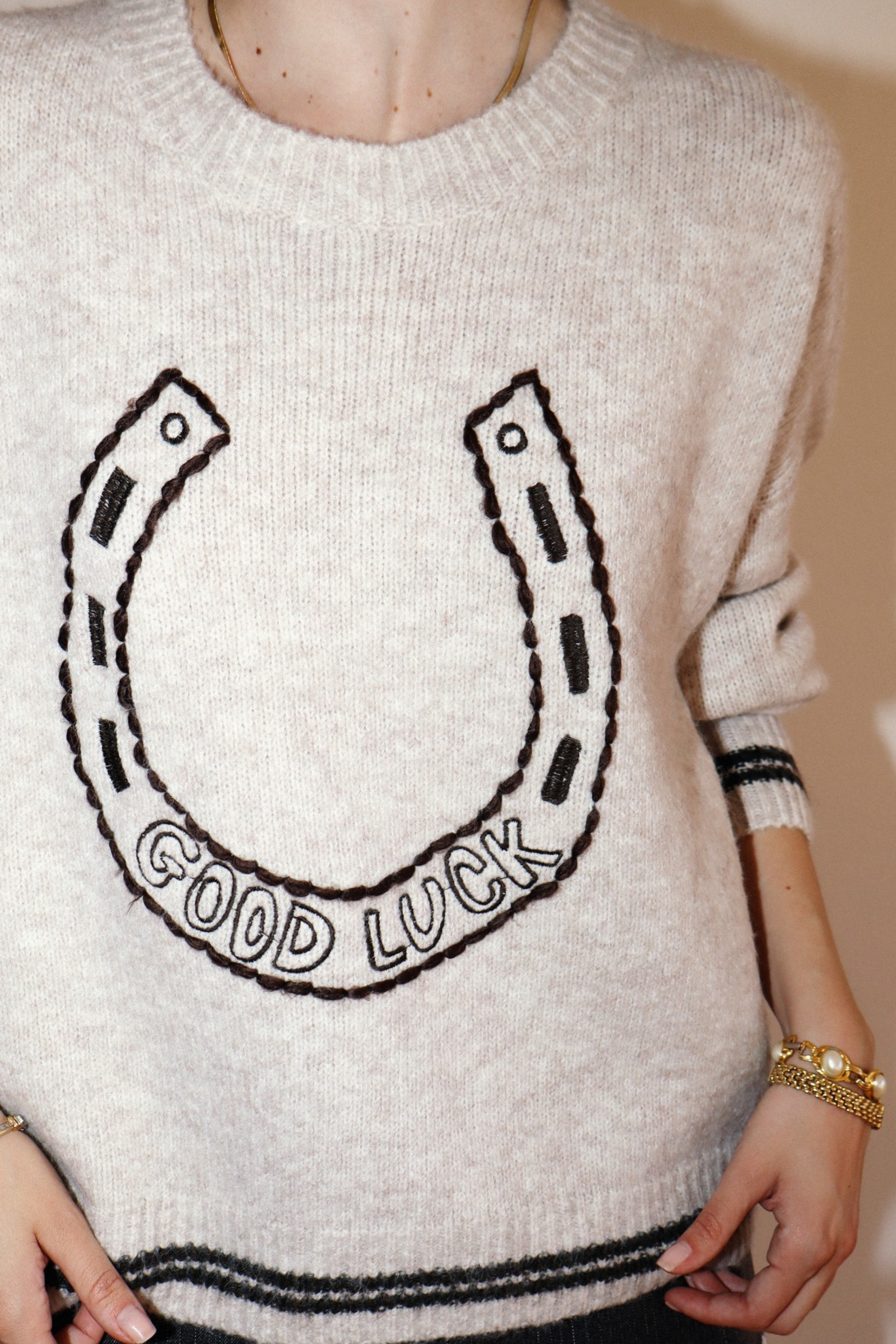 Equestrian horseshoe sweater with bold graphic design and relaxed crewneck fit. horseshoe sweater, equestrian sweater, horse sweater, horse girl sweater, equestrian apparel, horse themed clothing