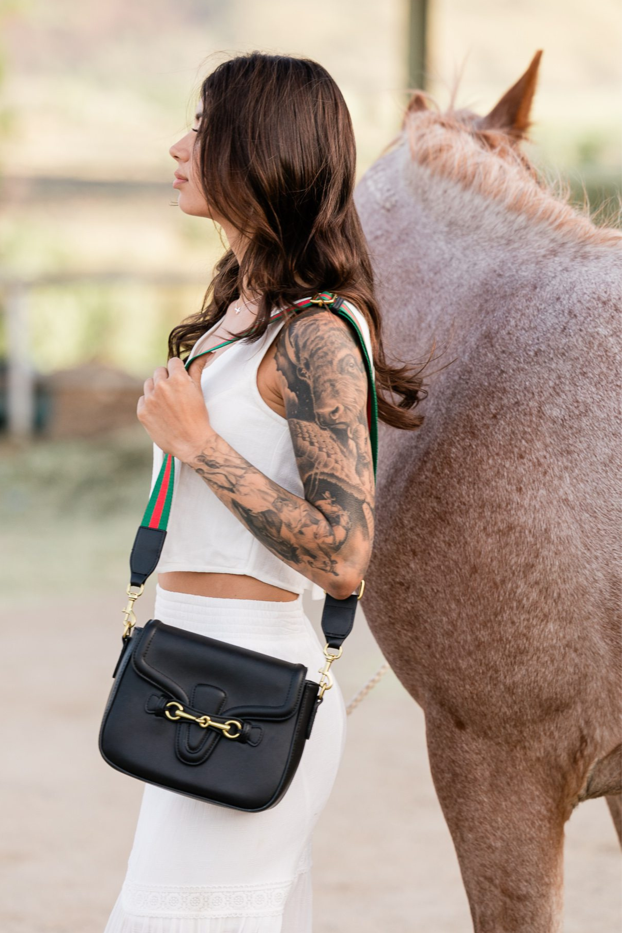 stylish equestrian hanna vegan crossbody with horse bit and gucci stripe strap