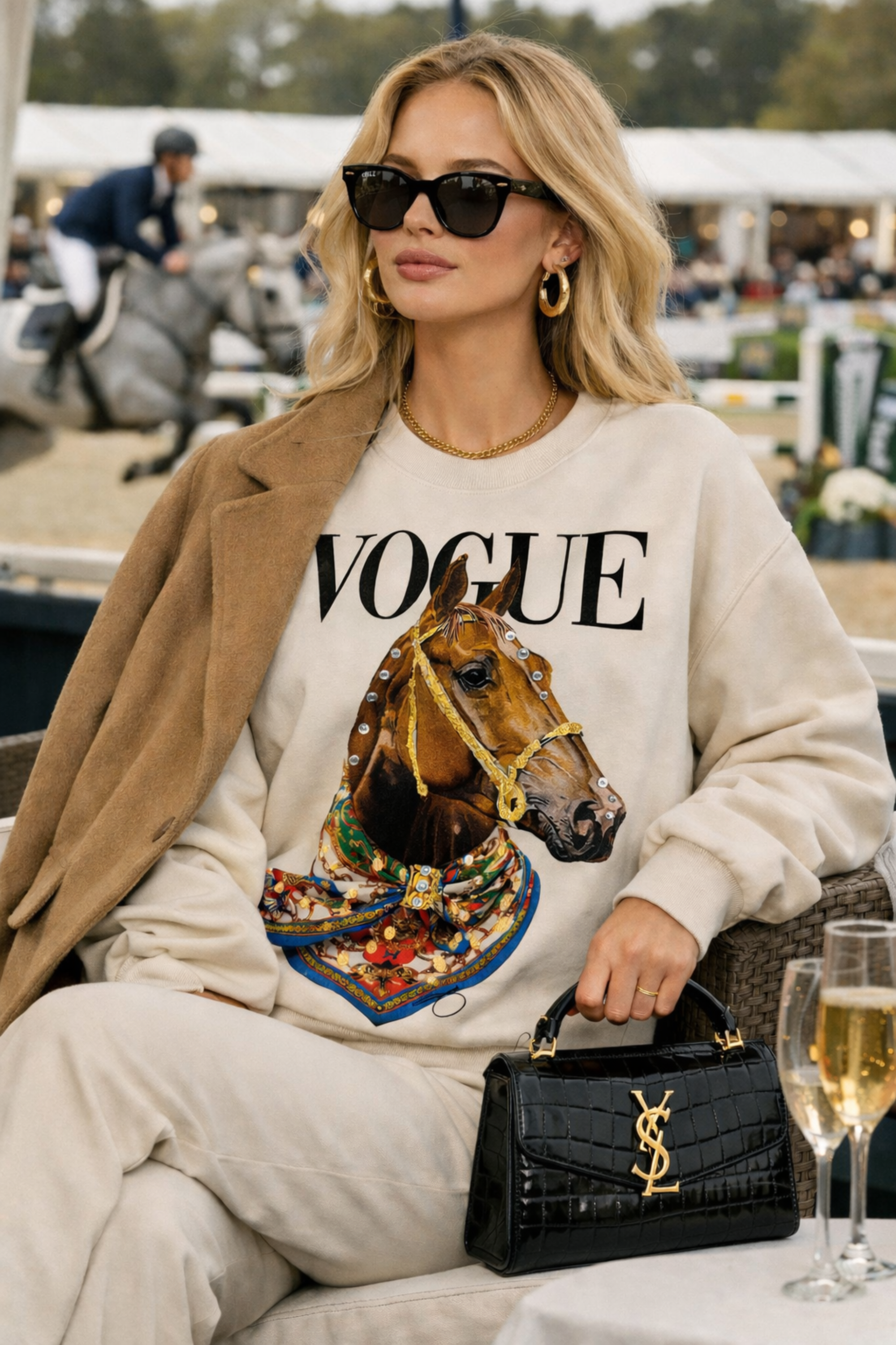 Equestrian graphic sweatshirt with horse design, gold foil accents, and rhinestone embellishments. horse graphic sweatshirt, equestrian sweatshirt, horse girl sweatshirt, equestrian apparel, horse themed clothing, equestrian clothing