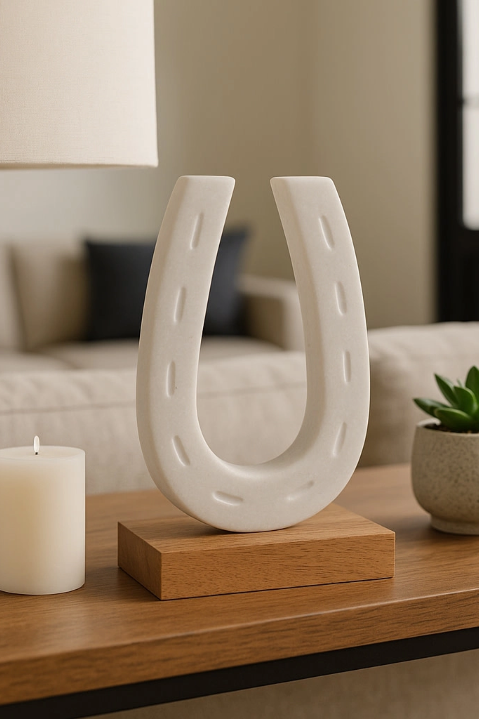 Marble horseshoe decorative accent on a wooden base, handcrafted equestrian home decor piece. horseshoe decor, equestrian home decor, horse themed decor, horseshoe sculpture, equestrian accent piece, horse lover home decor