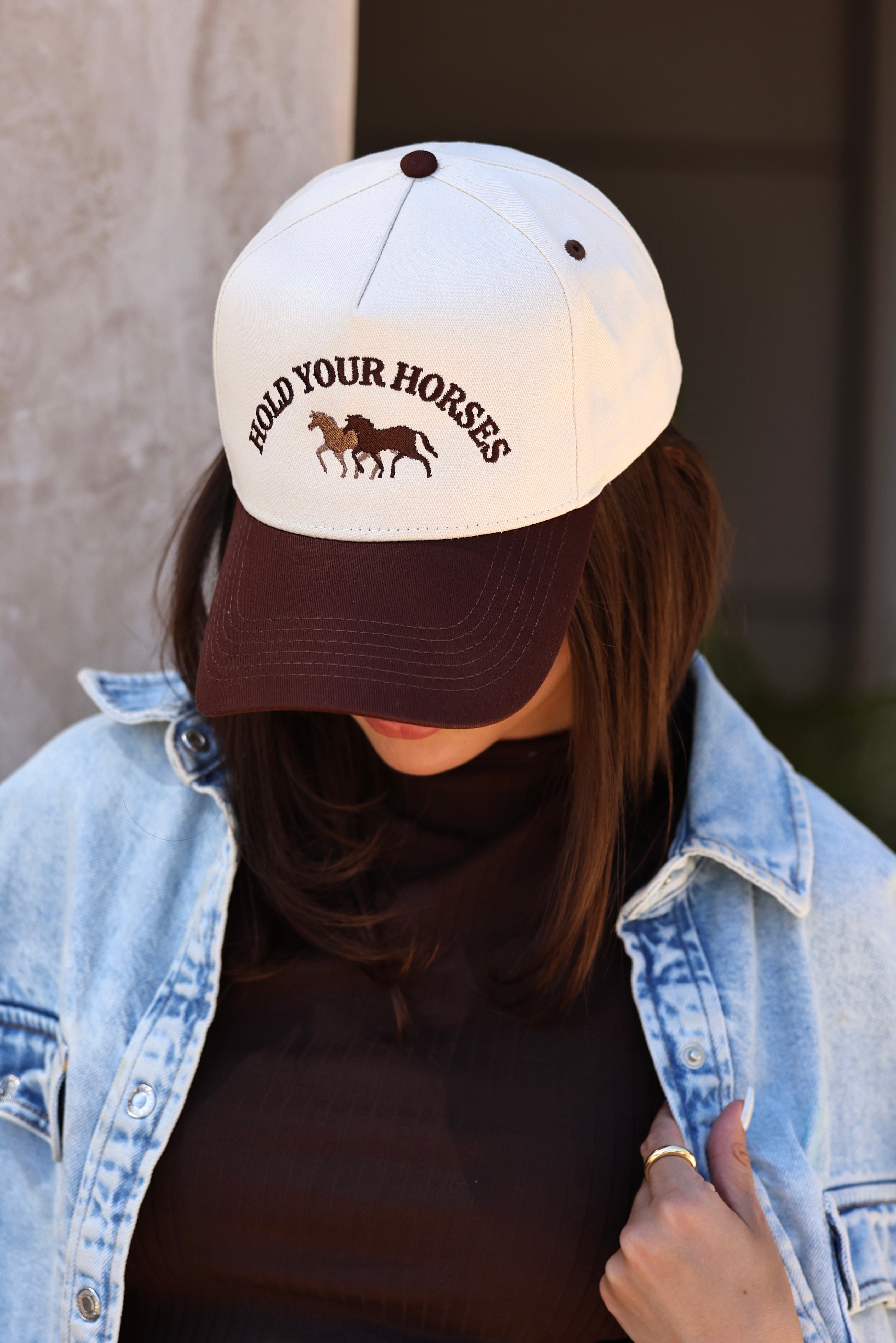 electric label stylish equestrian hold your horses trucker hat