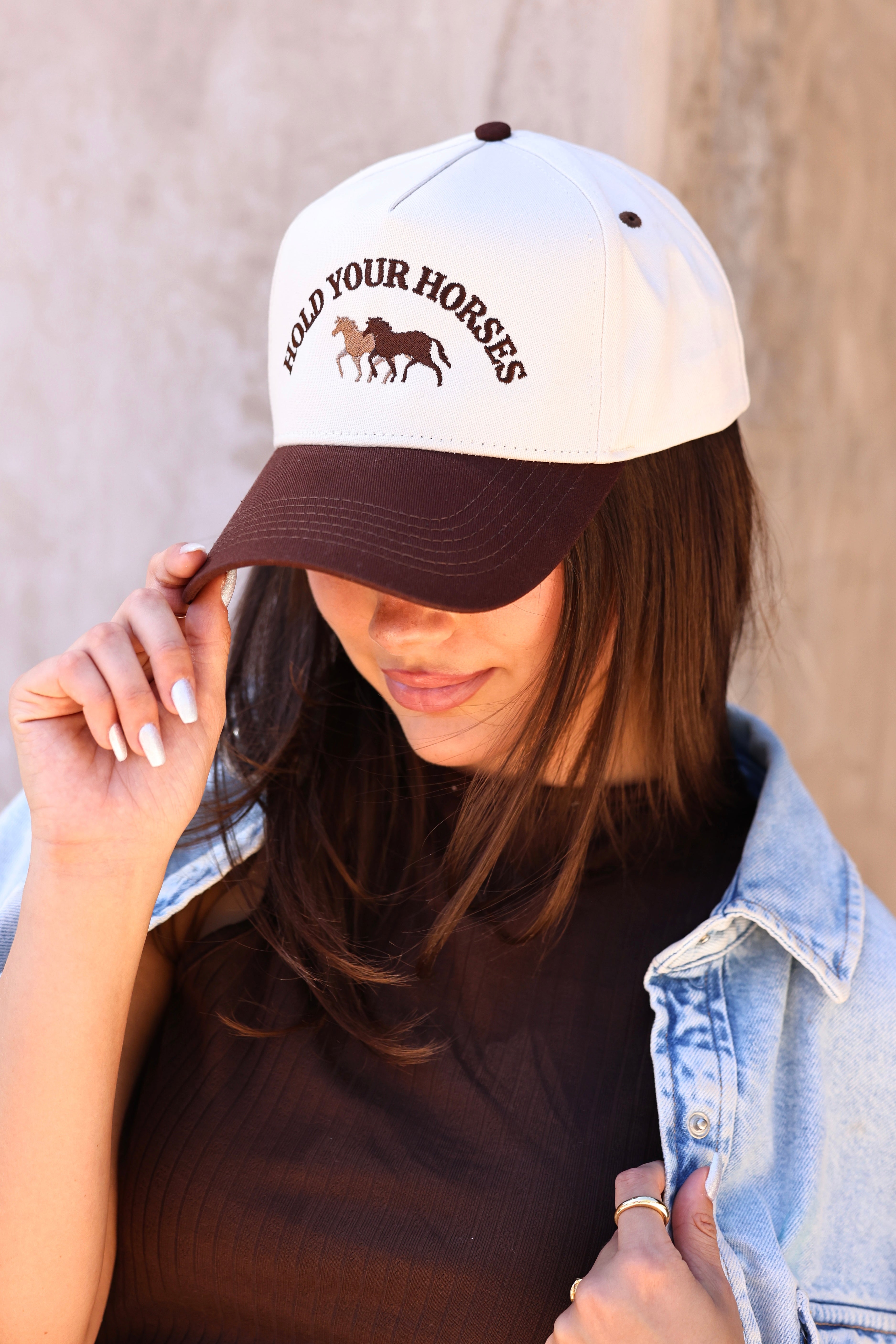 electric label stylish equestrian hold your horses trucker hat