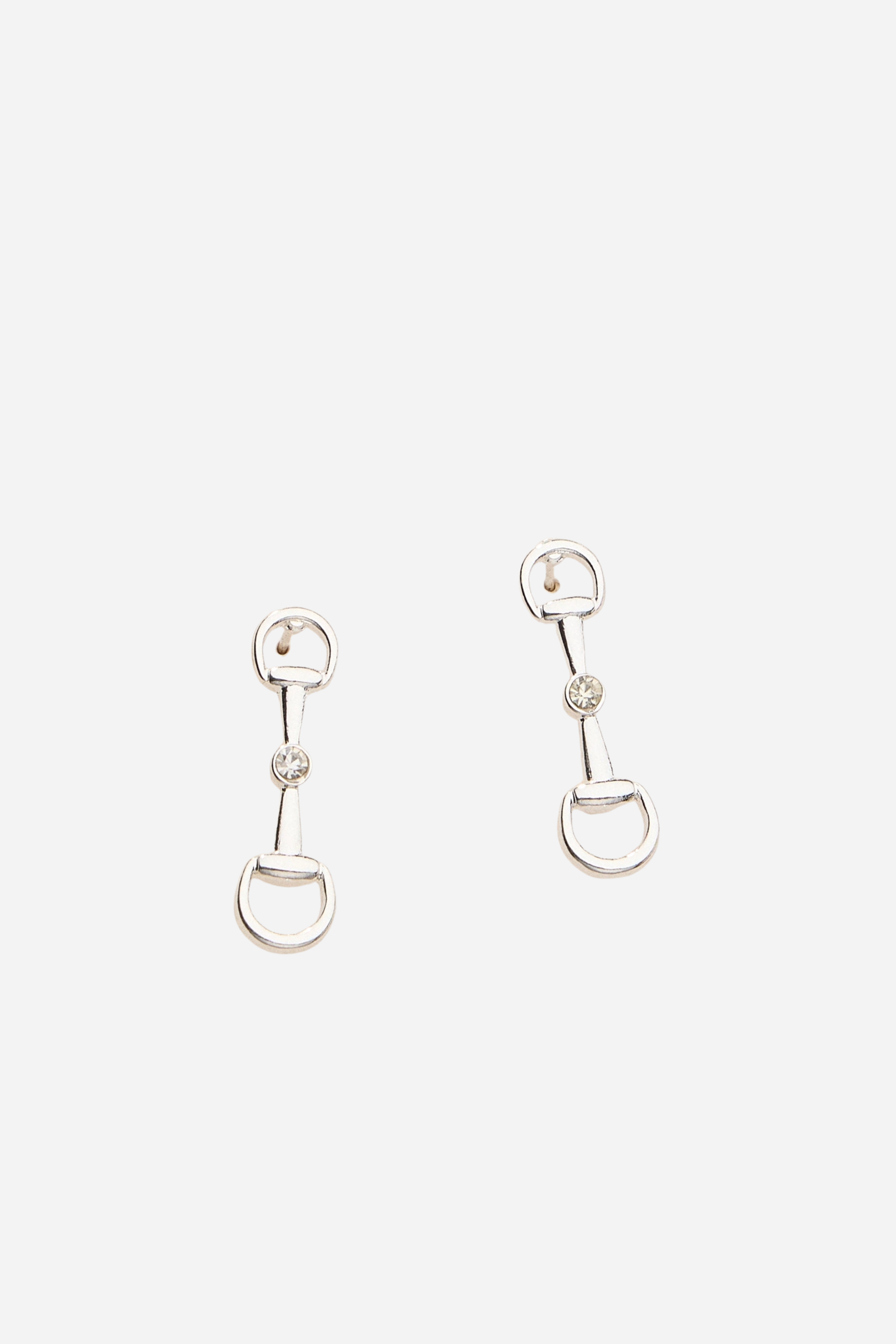 Silver equestrian bit drop earrings with crystal accents, lightweight horse girl jewelry, dainty CZ stud earrings, elegant gift for equestrian lovers.
