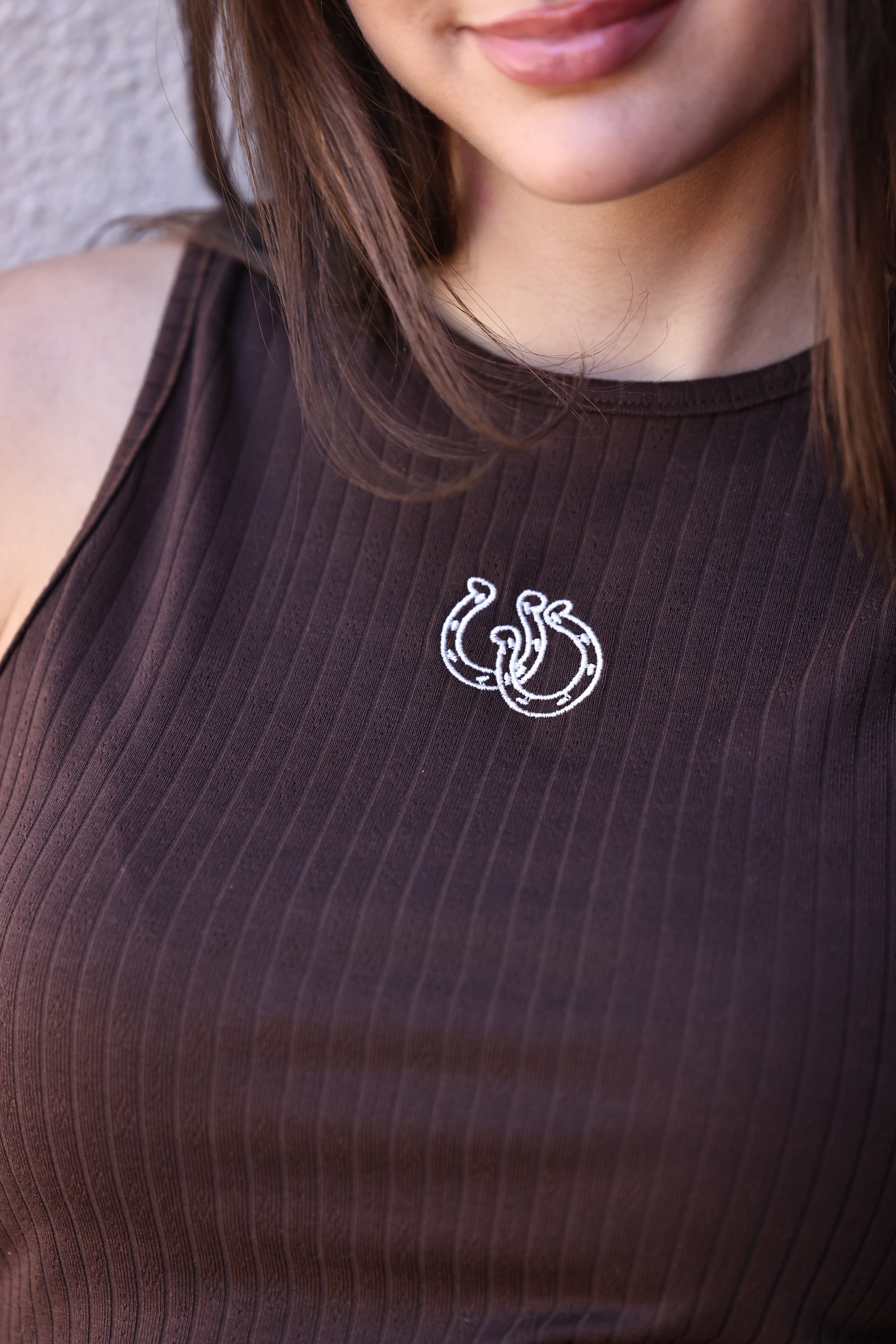 Horseshoe Embroidered Pointelle Tank - Espresso