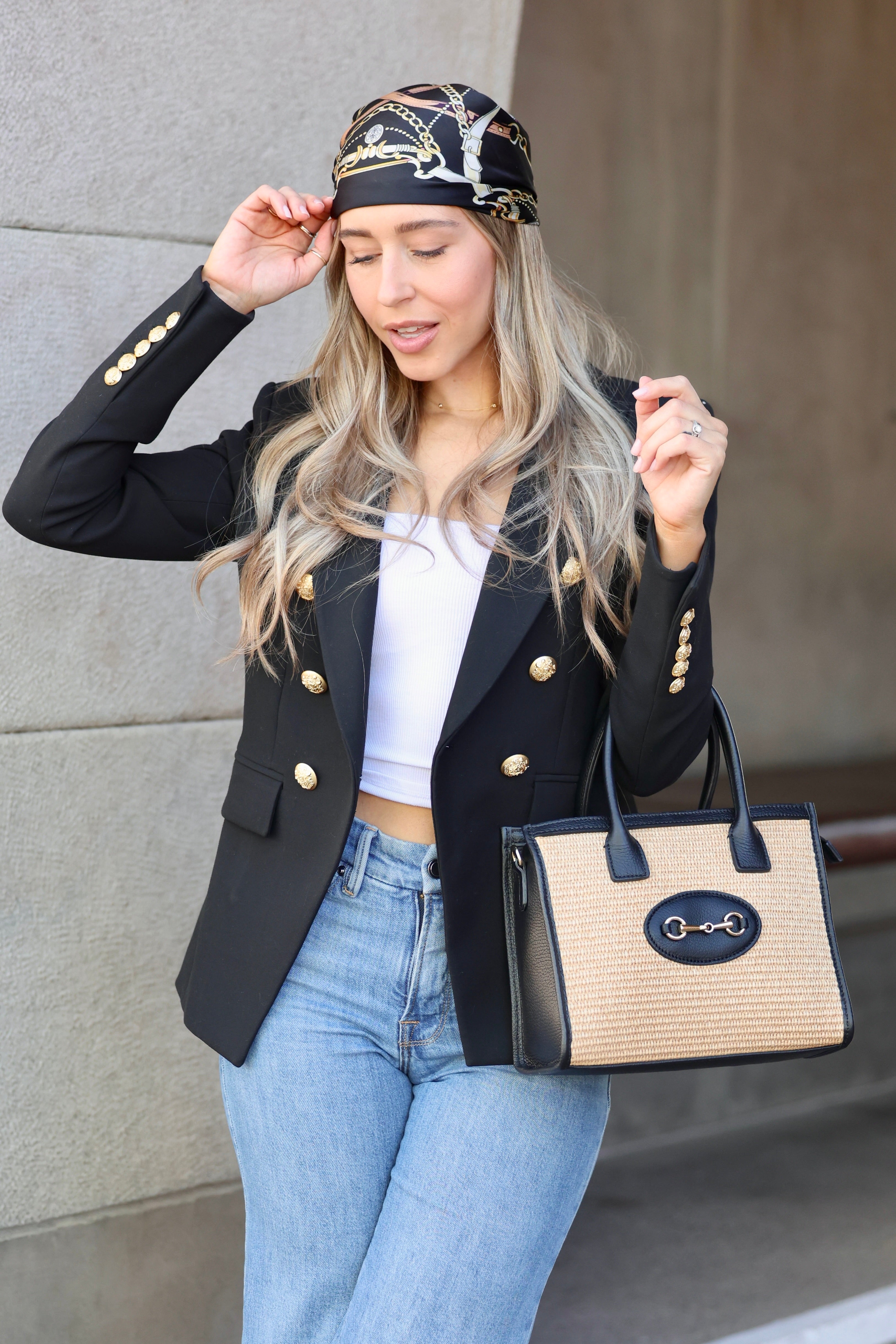 Satin square scarf featuring horse bit pattern and border detail, equestrian-inspired design. equestrian scarf, horse print scarf, horse bit scarf, horse motif scarf, equestrian accessory, horse girl scarf