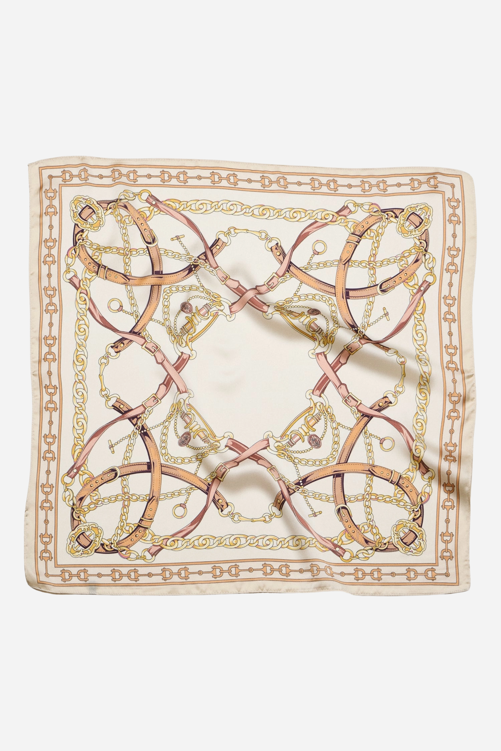 Satin square scarf featuring horse bit pattern and border detail, equestrian-inspired design. equestrian scarf, horse print scarf, horse bit scarf, horse motif scarf, equestrian accessory, horse girl scarf