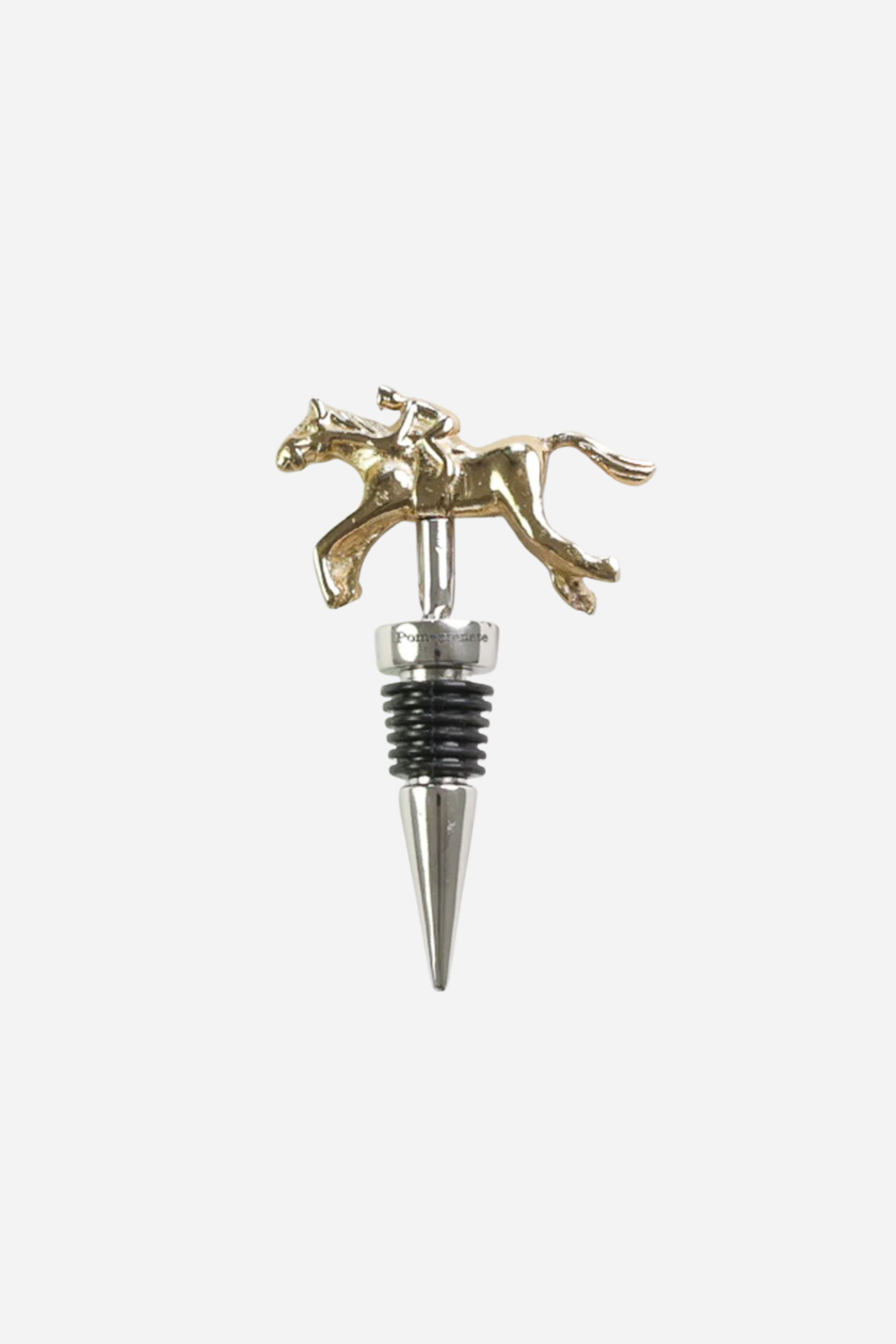 Pomegranate Jockey Bottle Stopper - Gold Elevate your entertaining with the Gold Jockey Bottle Stopper. Crafted with a charming horse & jockey design, this stopper not only preserves your wine's freshness but also adds a touch of equestrian elegance to your barware. Its durable construction ensures a secure fit, making it a delightful gift for horse lovers and wine enthusiasts alike.