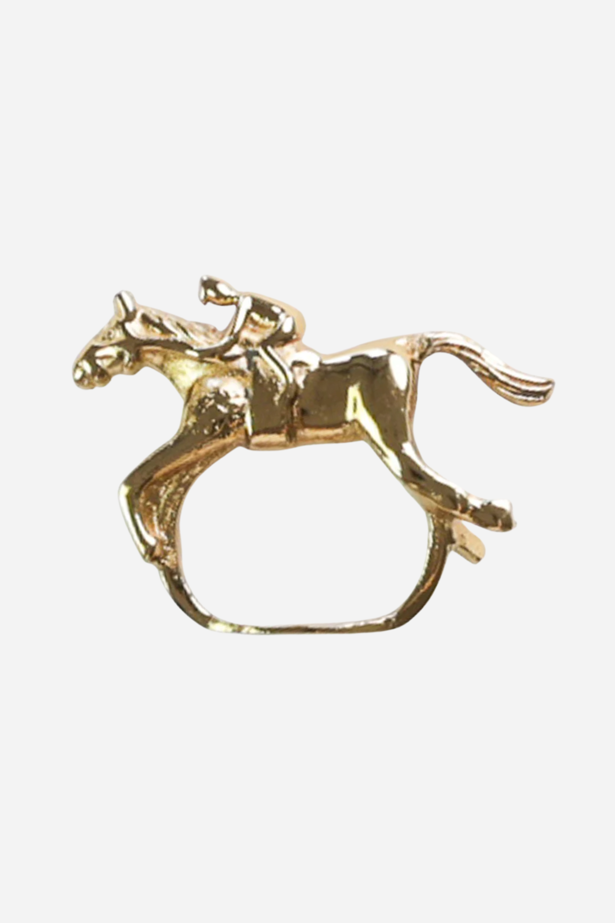 Pomegranate Jockey Napkin Ring Set - Gold Bring a touch of luxury to your table with the Gold Jockey Napkin Rings. This set of four features a stunning horse & jockey design that shines at every gathering. Ideal for formal dinners or casual brunches, these napkin rings are the perfect accessory to elevate your dining decor.