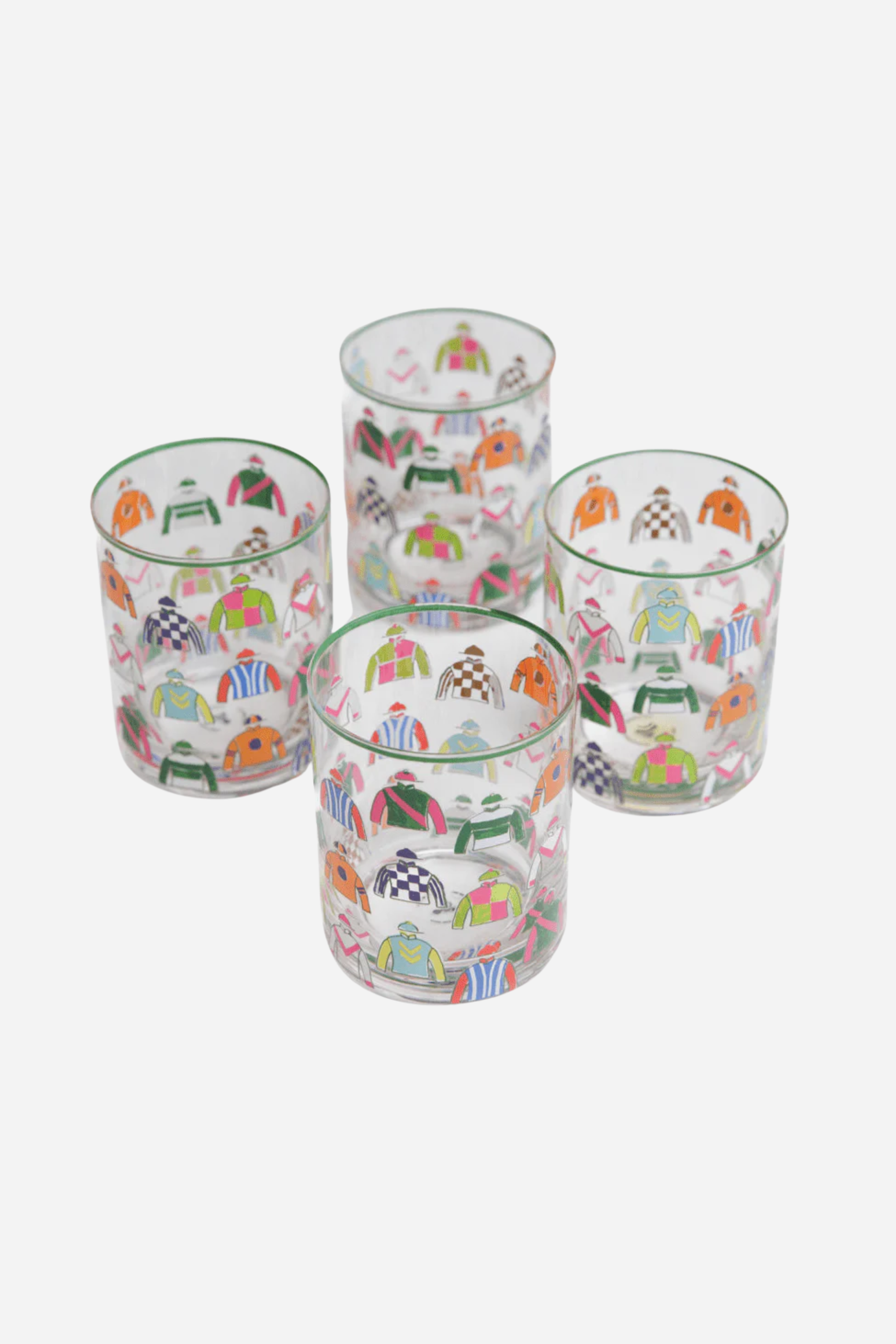 Pomegranate Jockey Silks Short Drinking Glass Set Get ready for the races with the Jockey Silks Bourbon Glass set. Each glass in this set of four is wrapped in a vibrant parade of racing silks, reminiscent of Derby Day at Churchill Downs or a crisp autumn afternoon at Keeneland. Whether you’ve got a colt in the running or you’re just here for the juleps, these glasses are a sure bet for any gathering.