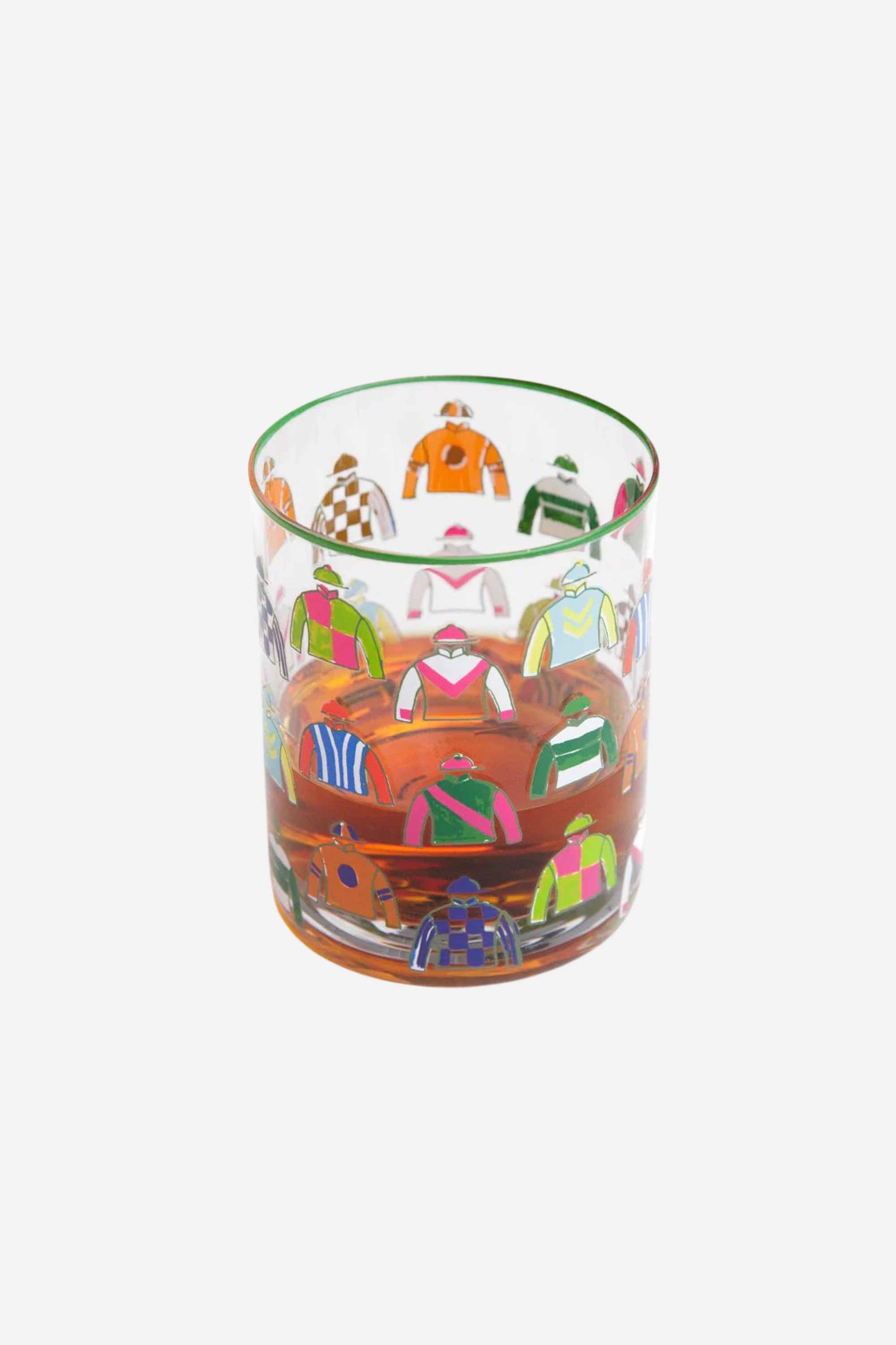 Pomegranate Jockey Silks Short Drinking Glass Set Get ready for the races with the Jockey Silks Bourbon Glass set. Each glass in this set of four is wrapped in a vibrant parade of racing silks, reminiscent of Derby Day at Churchill Downs or a crisp autumn afternoon at Keeneland. Whether you’ve got a colt in the running or you’re just here for the juleps, these glasses are a sure bet for any gathering.