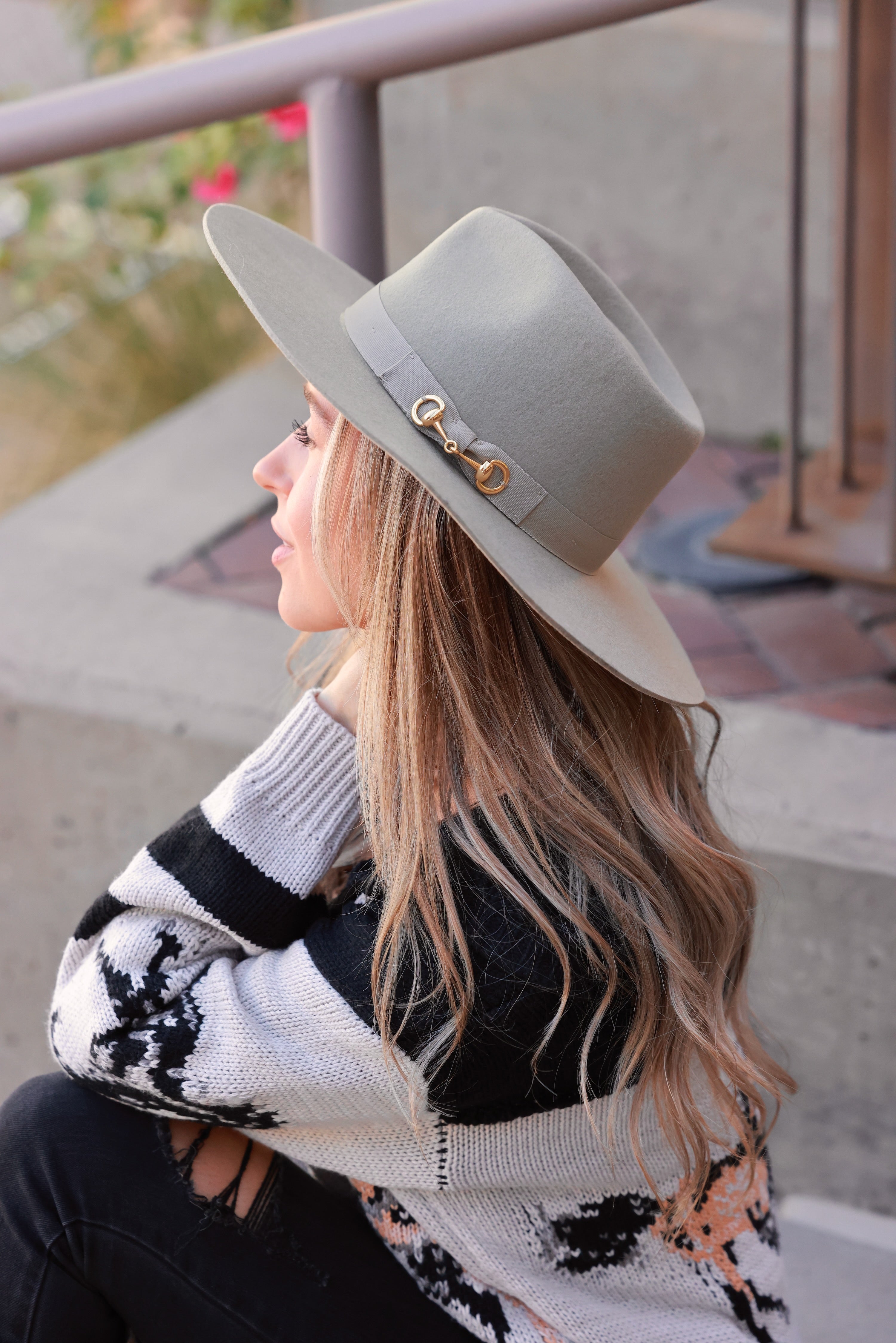 san diego hat co stylish equestrian julian horse bit felt hat Taupe Julian Bit Felt Hat crafted from 100% wool with a stiff wide brim, matching grosgrain ribbon bow, and polished gold horse bit detail. Elegant equestrian-inspired fedora offering timeless fall style and adjustable interior fit.