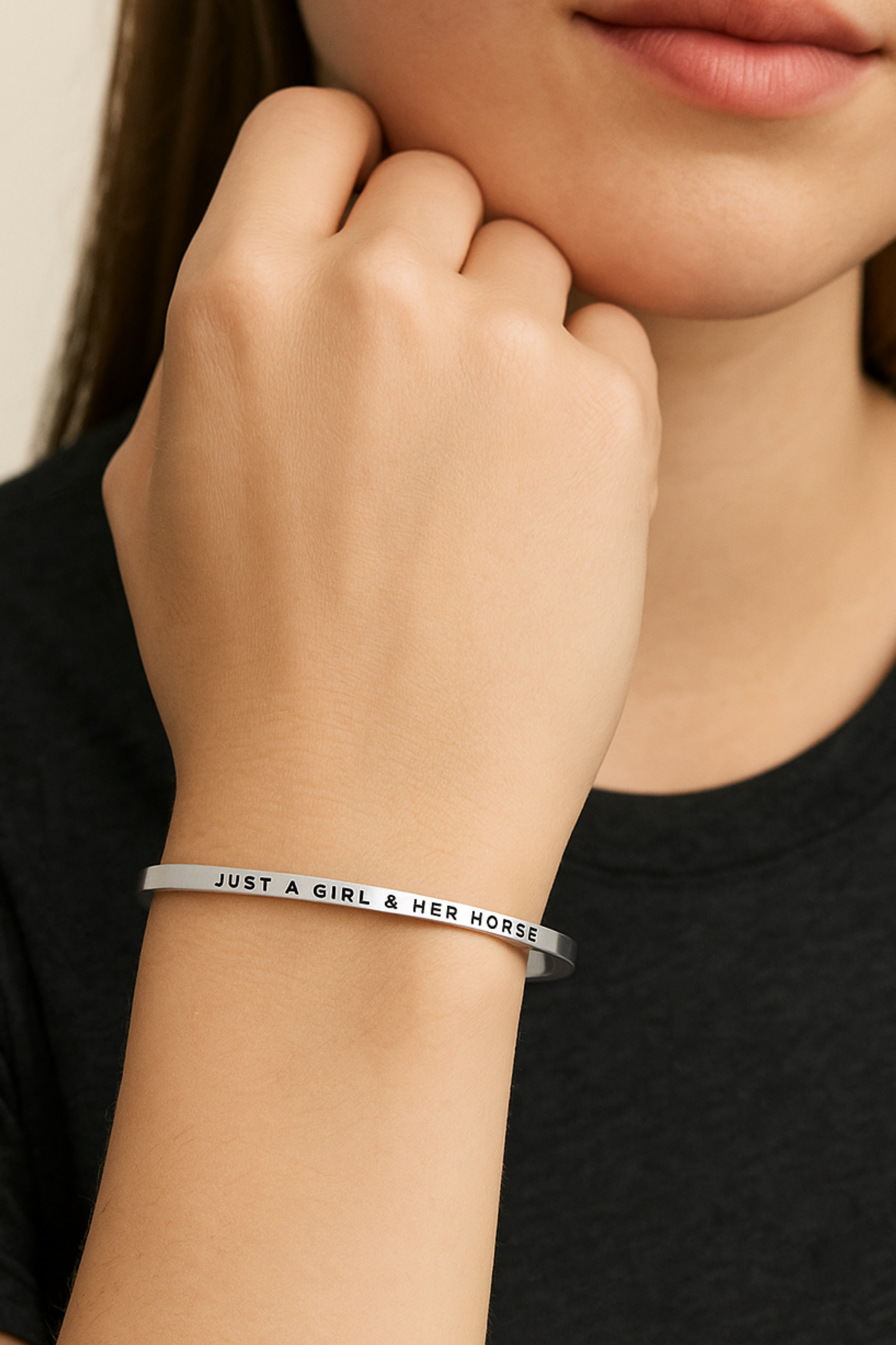 Just A Girl & Her Horse Bangle — adjustable stainless steel equestrian bracelet in gold or silver. Features engraved design celebrating the bond between a girl and her horse. Stylish Equestrian exclusive, lead-free, tarnish-resistant, and 18k gold-dipped on gold version.