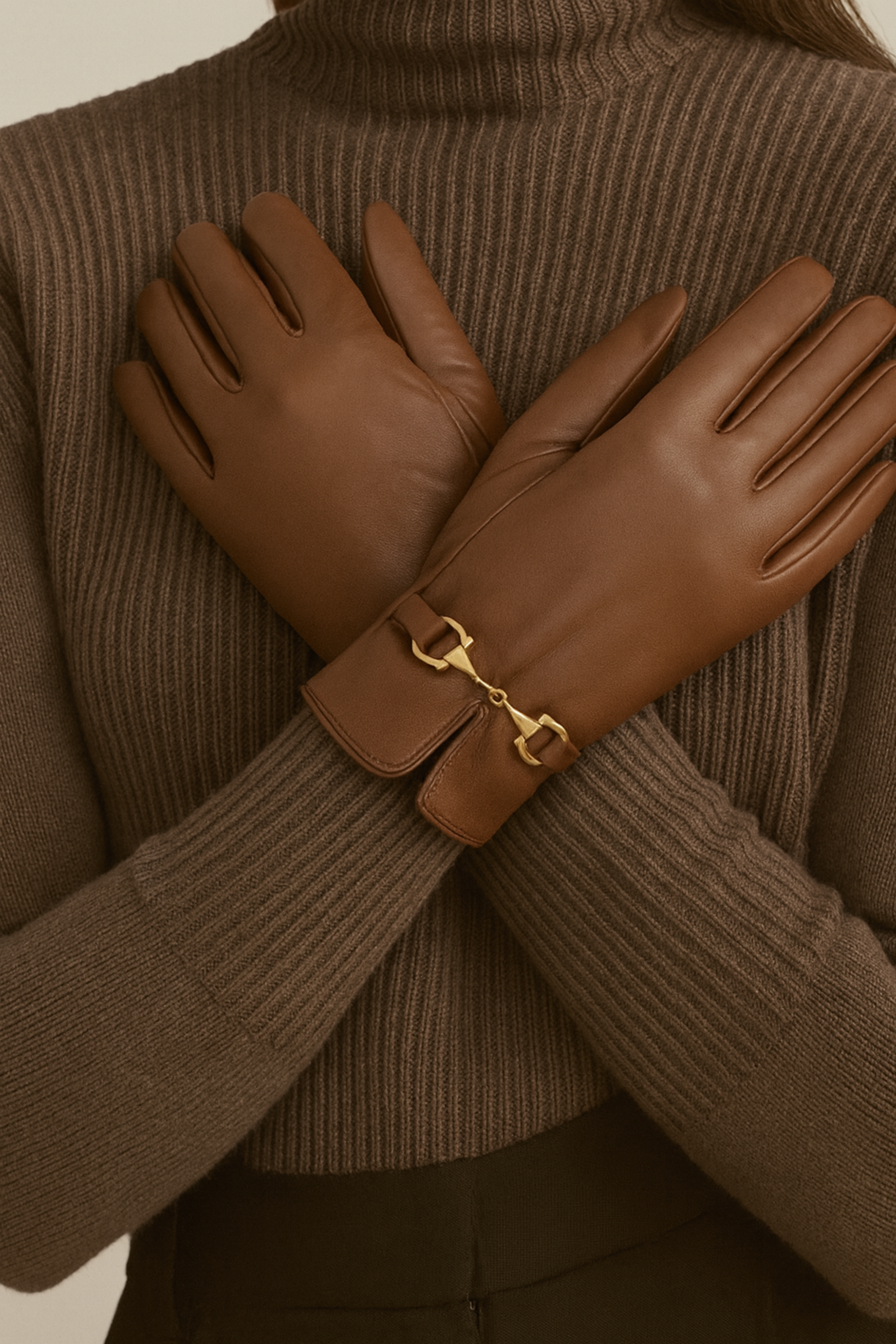 Classic black faux-leather gloves featuring a plush faux-fur lining and a gold horse bit detail at the wrist. Sophisticated equestrian-inspired design with a chic, tailored finish.