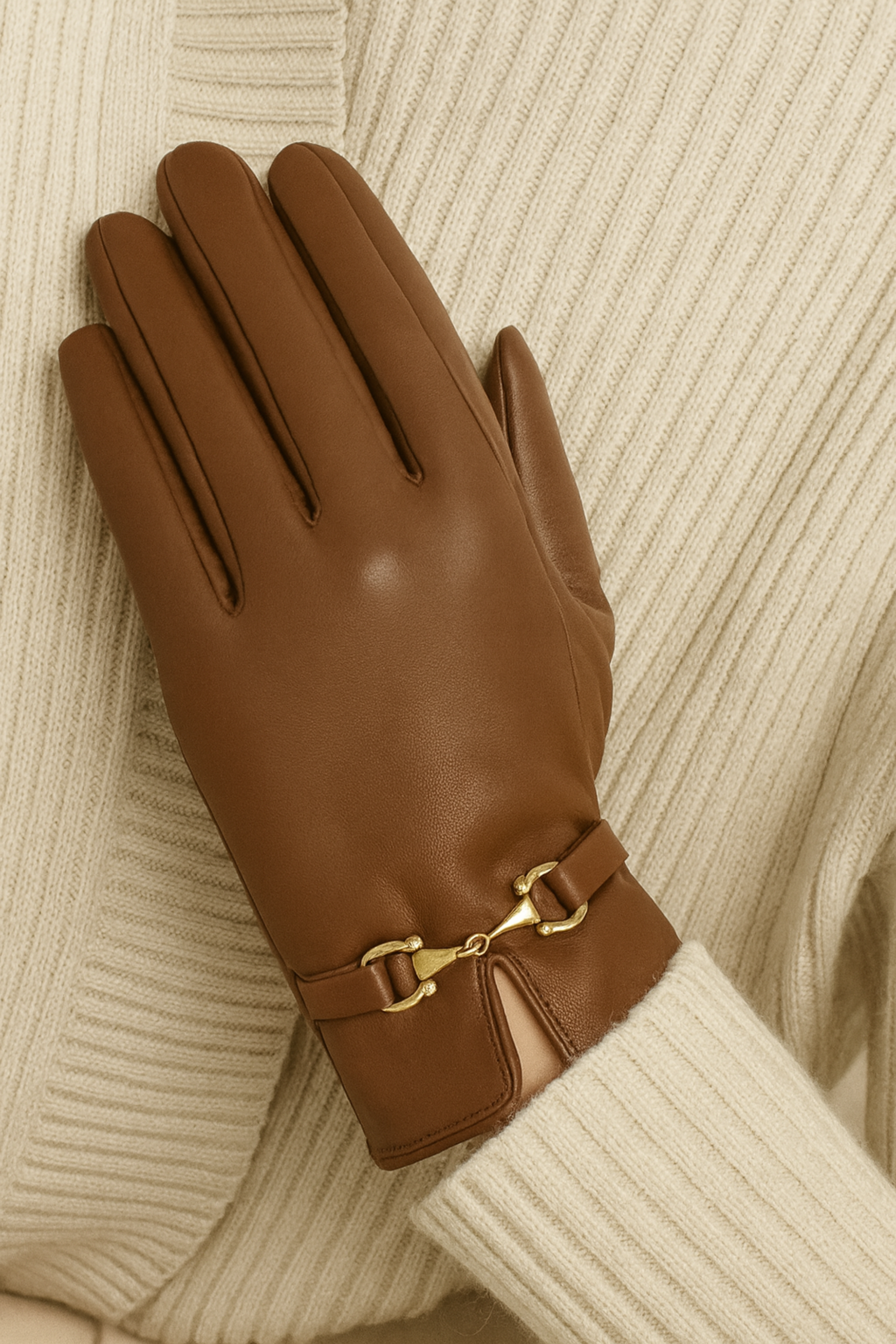Classic black faux-leather gloves featuring a plush faux-fur lining and a gold horse bit detail at the wrist. Sophisticated equestrian-inspired design with a chic, tailored finish.