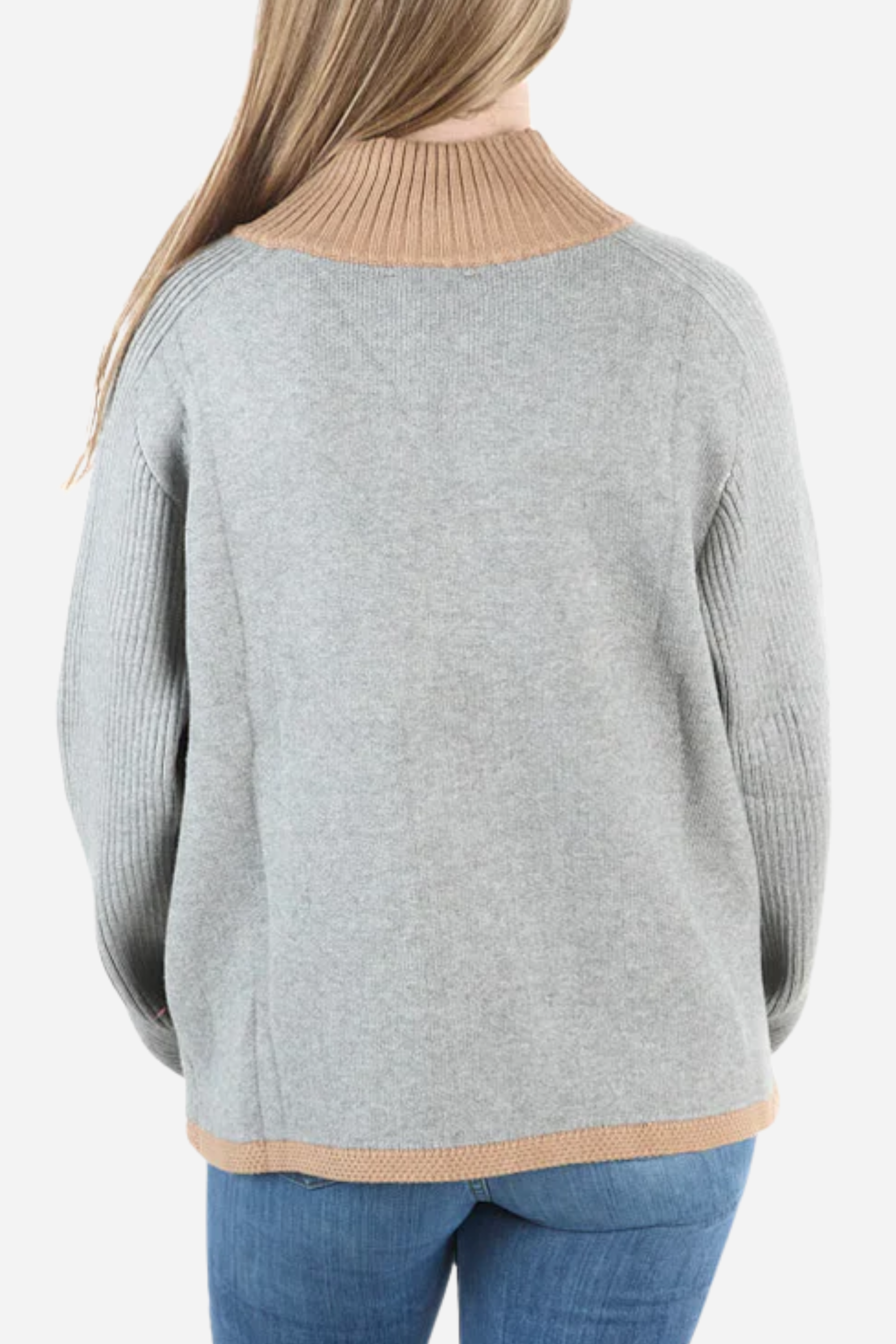 A cream-colored intarsia-knit cardigan featuring rearing horse motifs, a functional bit toggle closure at the chest, a ribbed stand collar, ribbed sleeves, and contrasting camel trim. The equestrian-inspired Lily Horse & Bit Cardigan has a structured, cozy design and a timeless, elevated look.