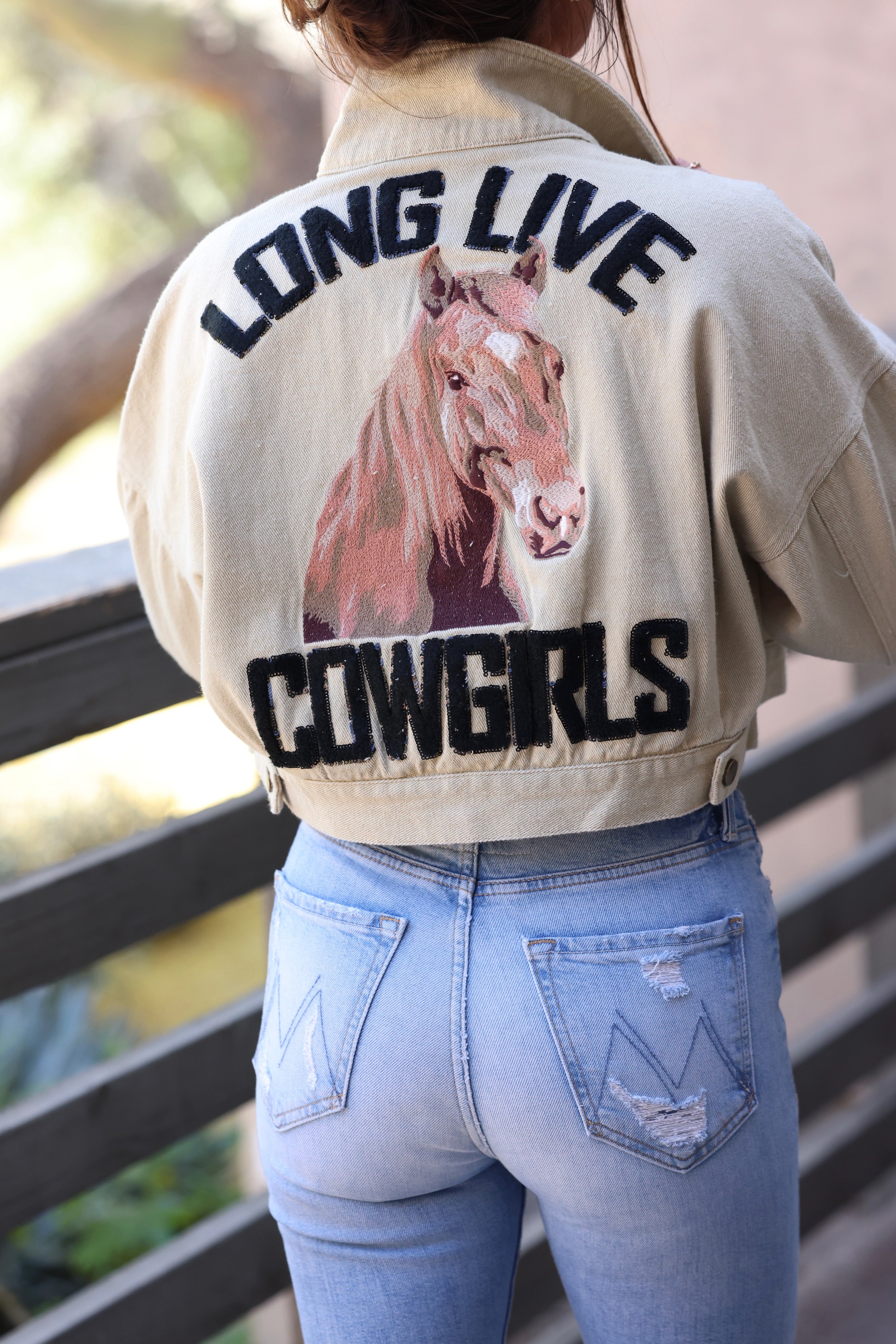Blue B Long Live Cowgirls Cropped Jacket cropped olive tone denim long live cowgirls jacket with an image of a horse on the back and black letters  - horse girl apparel, casual western riding apparel, horse head embroidery, cowgirl, equestrian inspired clothing, cowgirl jacket