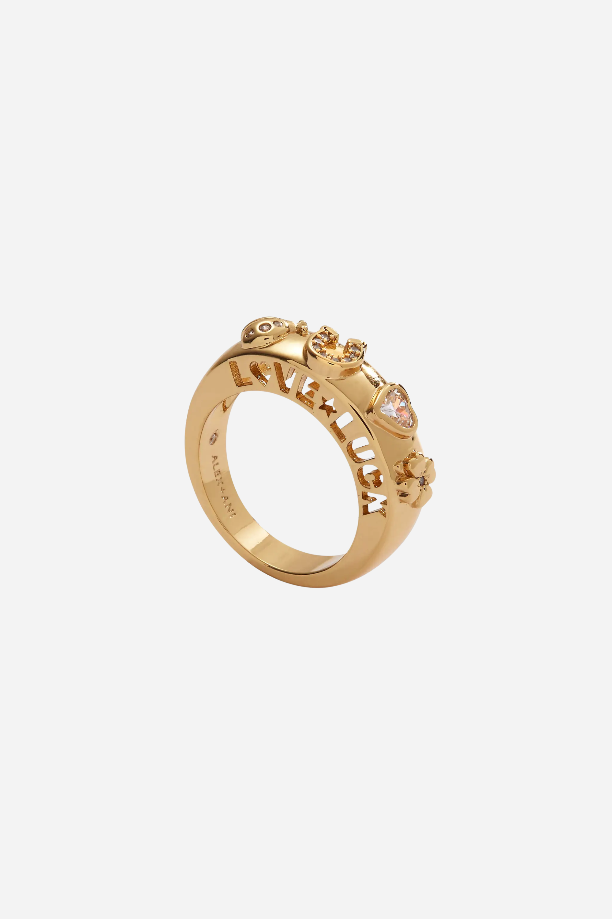 Gold-plated domed ring engraved with “Love” and “Luck,” featuring crystal-accented lucky symbols including a horseshoe and four-leaf clover.