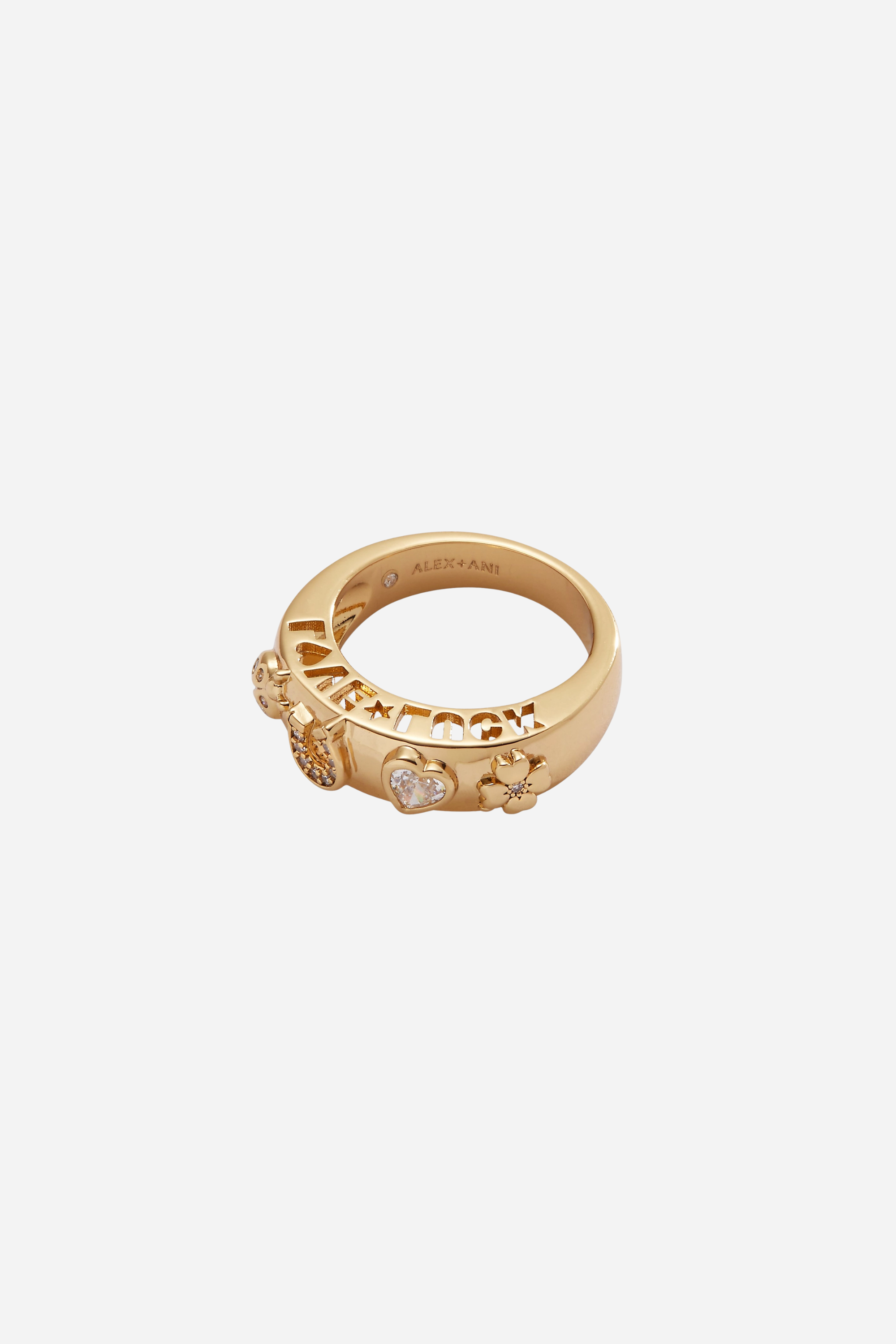Gold-plated domed ring engraved with “Love” and “Luck,” featuring crystal-accented lucky symbols including a horseshoe and four-leaf clover.