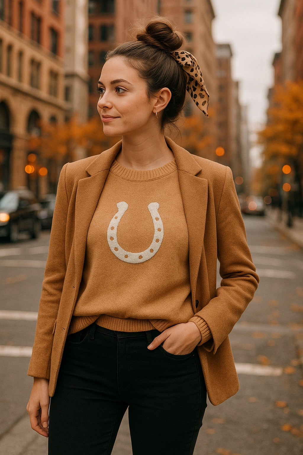 Lucky Daze Horseshoe Sweater in warm camel featuring a soft acrylic-nylon-poly knit with a fuzzy chenille horseshoe patch on the front. Slightly cropped fit with ribbed neckline, cuffs, and hem. A cozy equestrian-inspired crewneck supporting the Bridle Up Hope charity for women and girls.