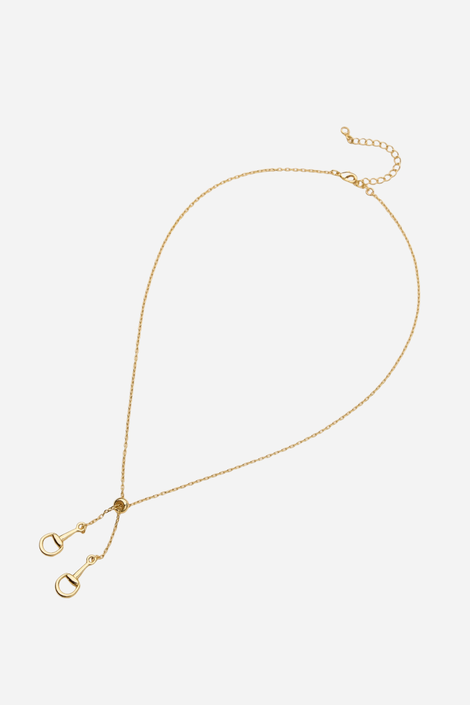 Gold equestrian necklace with adjustable sliding bead and drop pendants, dainty 18k gold horse girl jewelry, minimalist horseshoe-inspired necklace, elegant gift for horse lovers.