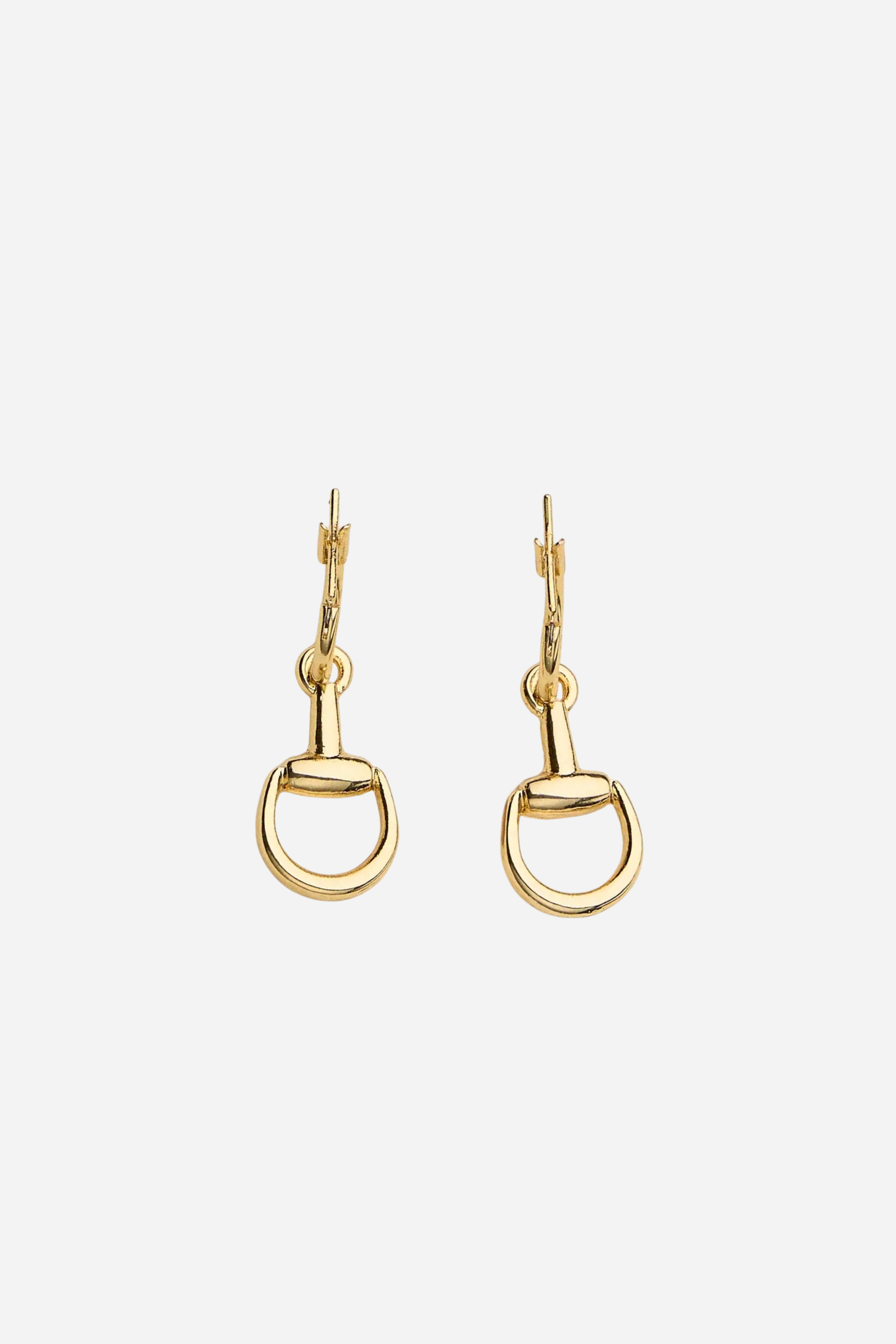 Gold equestrian huggie hoop earrings with stirrup design, lightweight 18k gold horse bit jewelry, dainty horse girl earrings, elegant gift for equestrian lovers.