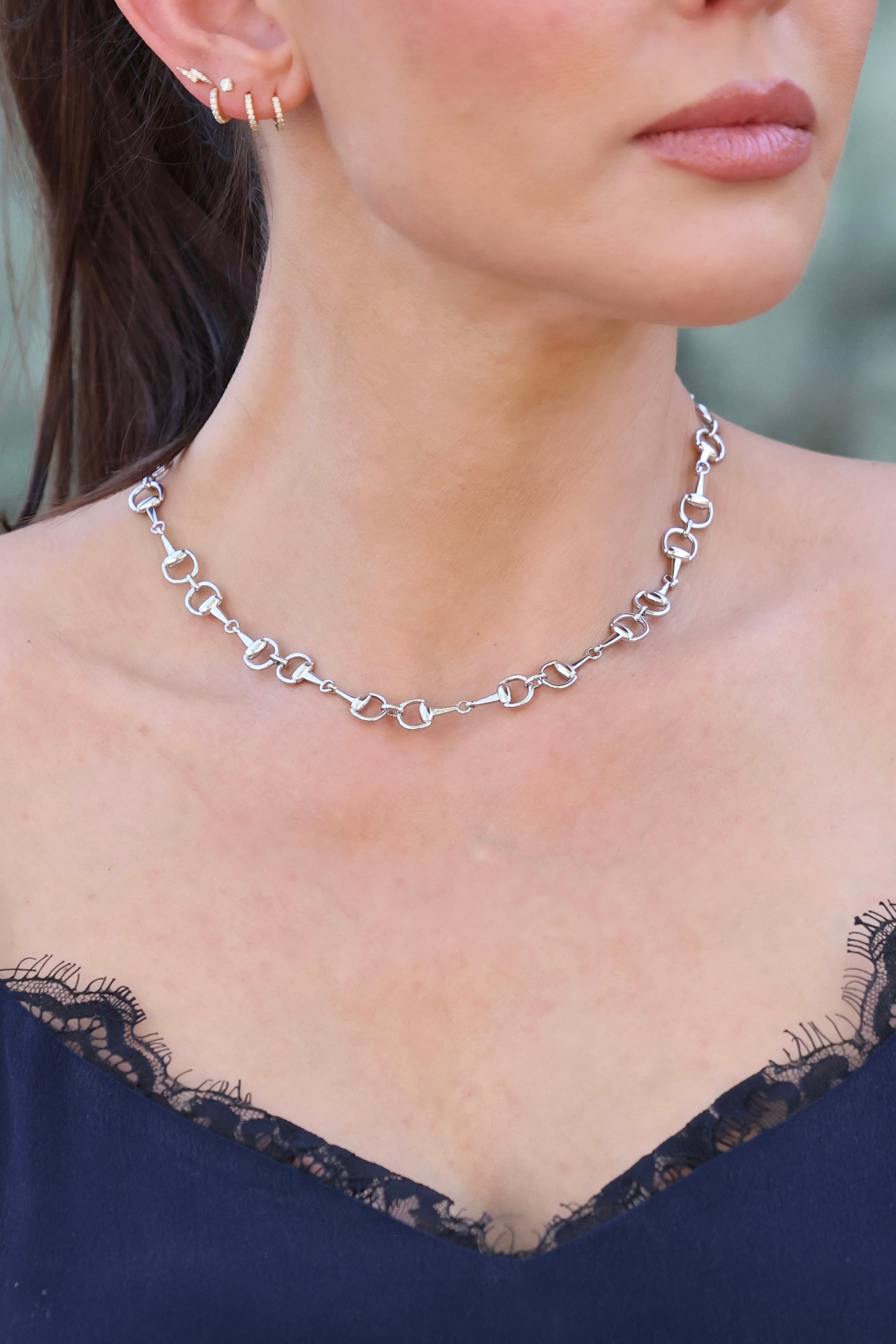 Luv AJ Madison Necklace - Silver Horsebit charm necklace with magnetic clasp closure