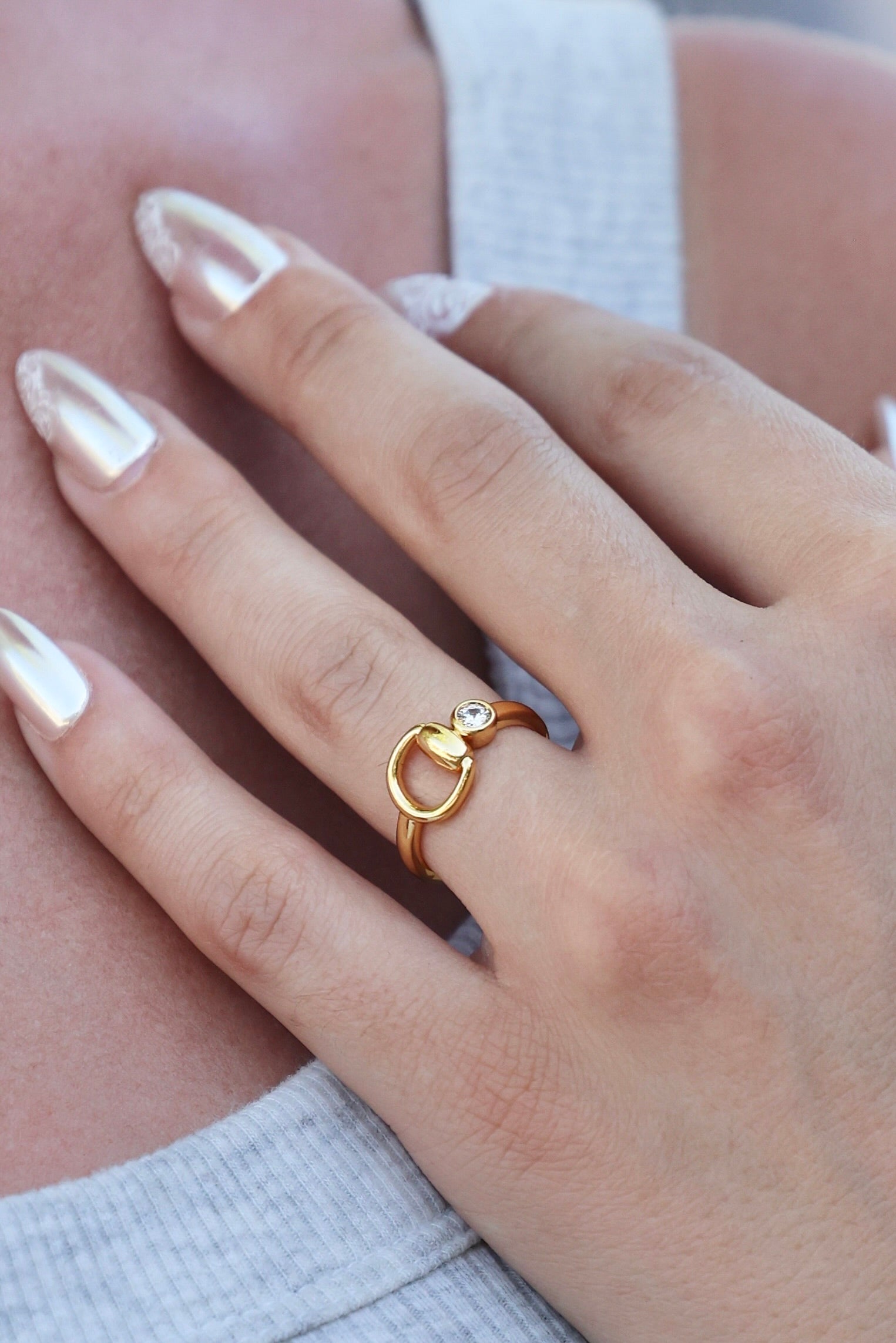 Luv AJ Madison Ring - Gold Statement ring with horsebit charm and stone in the center