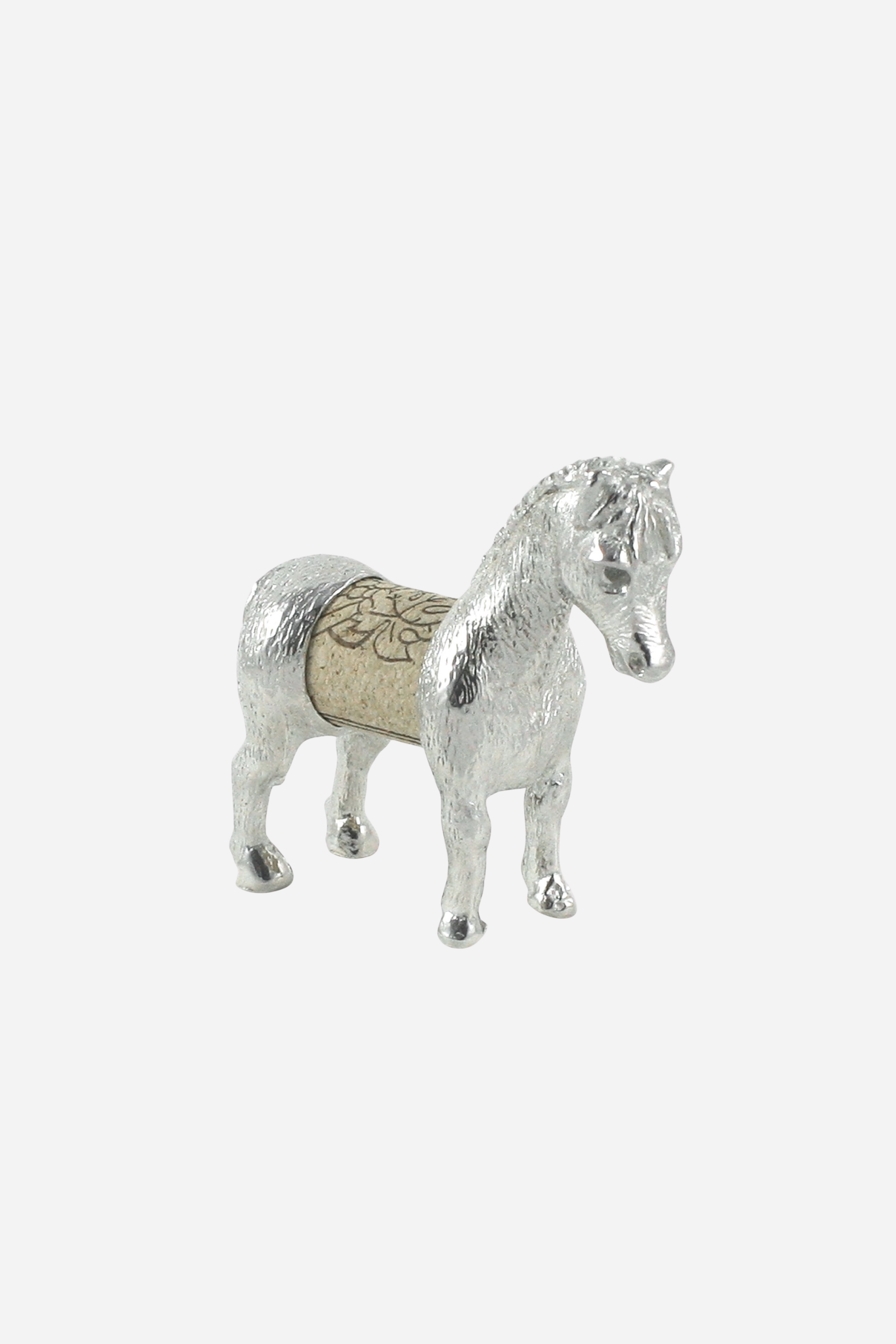 Solid American pewter horse figurine with a textured cork body, measuring approximately 2.75 inches long, 2.25 inches tall, and 1.45 inches wide. The silver finish and intricate detailing give it an elegant yet whimsical look. Designed by artist Lori Strickland, this playful 'cork pet' allows you to replace the cork with your own and display a favorite memory. Perfect gift for horse lovers, barn weddings, or country décor enthusiasts.
