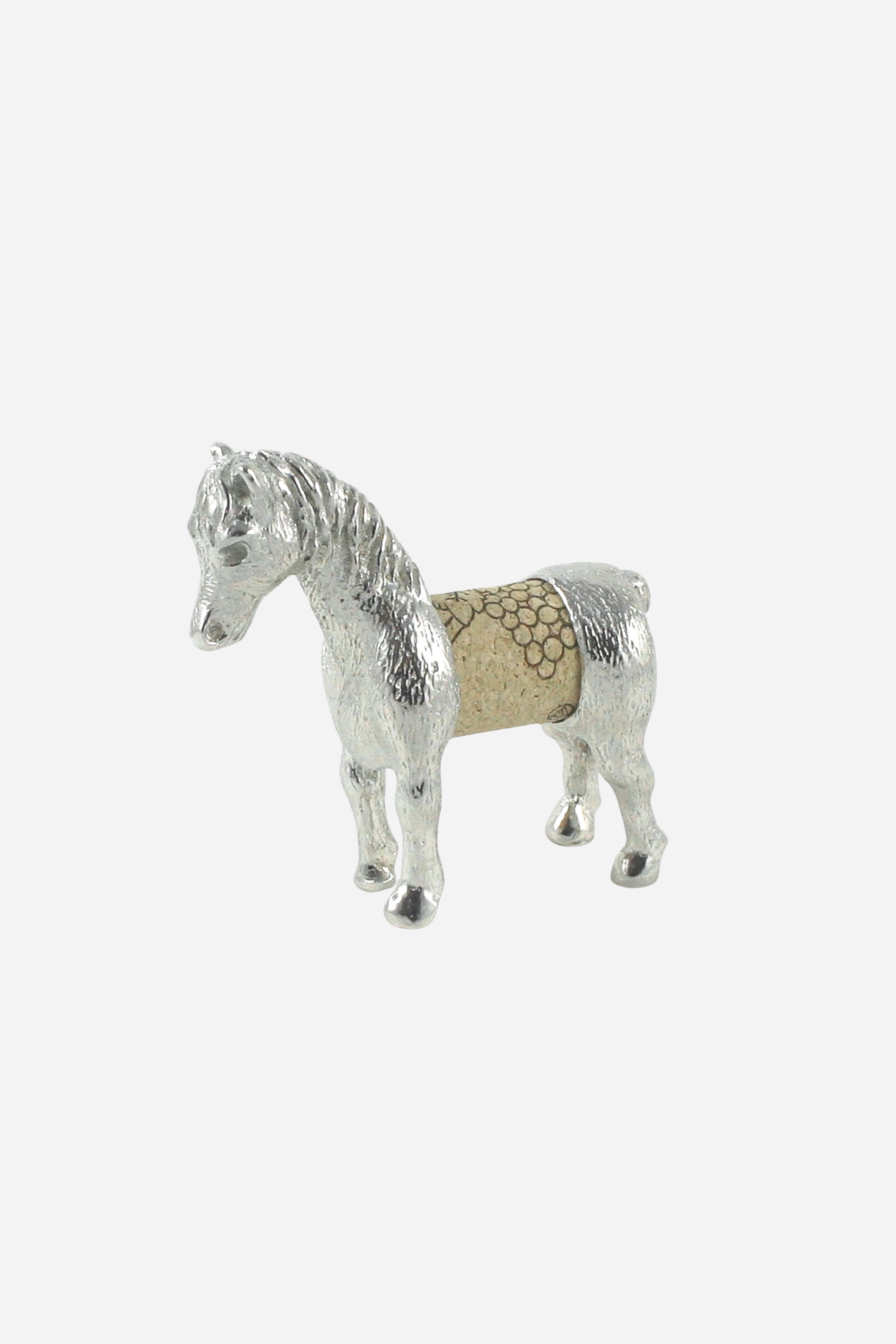 Solid American pewter horse figurine with a textured cork body, measuring approximately 2.75 inches long, 2.25 inches tall, and 1.45 inches wide. The silver finish and intricate detailing give it an elegant yet whimsical look. Designed by artist Lori Strickland, this playful 'cork pet' allows you to replace the cork with your own and display a favorite memory. Perfect gift for horse lovers, barn weddings, or country décor enthusiasts.