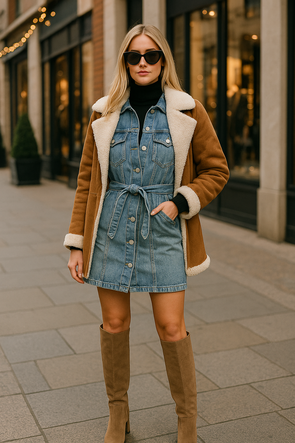 Mariah Denim Mini Dress — a sleeveless, structured denim dress with a belted waist, full button-down front, and two chest utility pockets. Made from 90% cotton and 10% polyester, the dress offers a flattering, tailored silhouette with a versatile, equestrian-inspired design suitable for both casual and chic occasions.