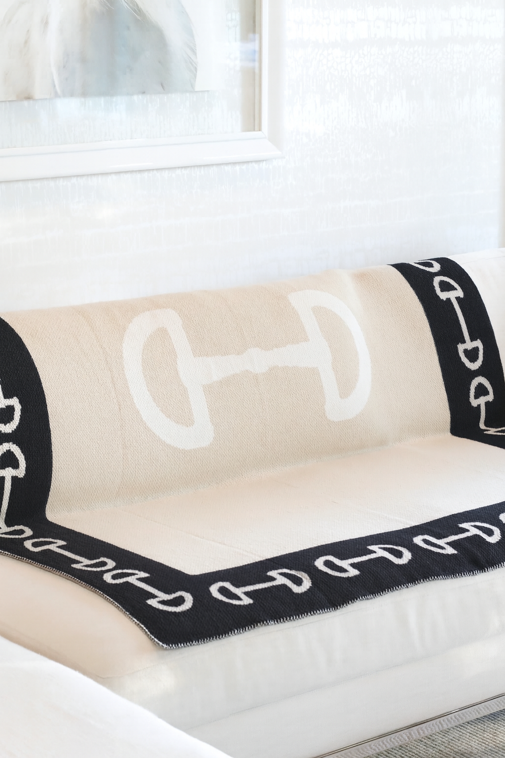 beige blanket with equestrian horse bit with black border equestrian home decor horse themed home furnishings equestrian bedding horse themed throw blanket