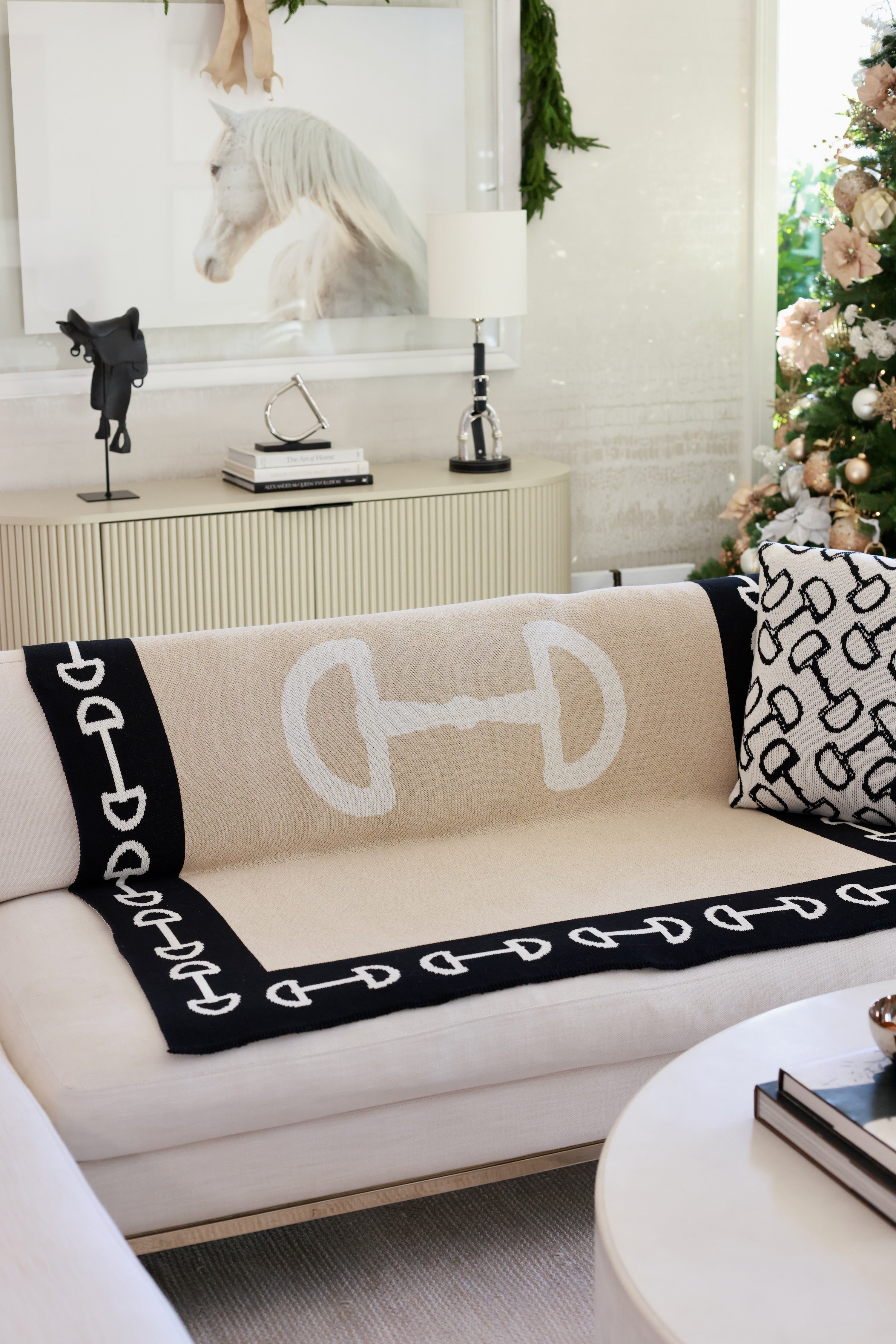 beige blanket with equestrian horse bit with black border equestrian home decor horse themed home furnishings equestrian bedding horse themed throw blanket