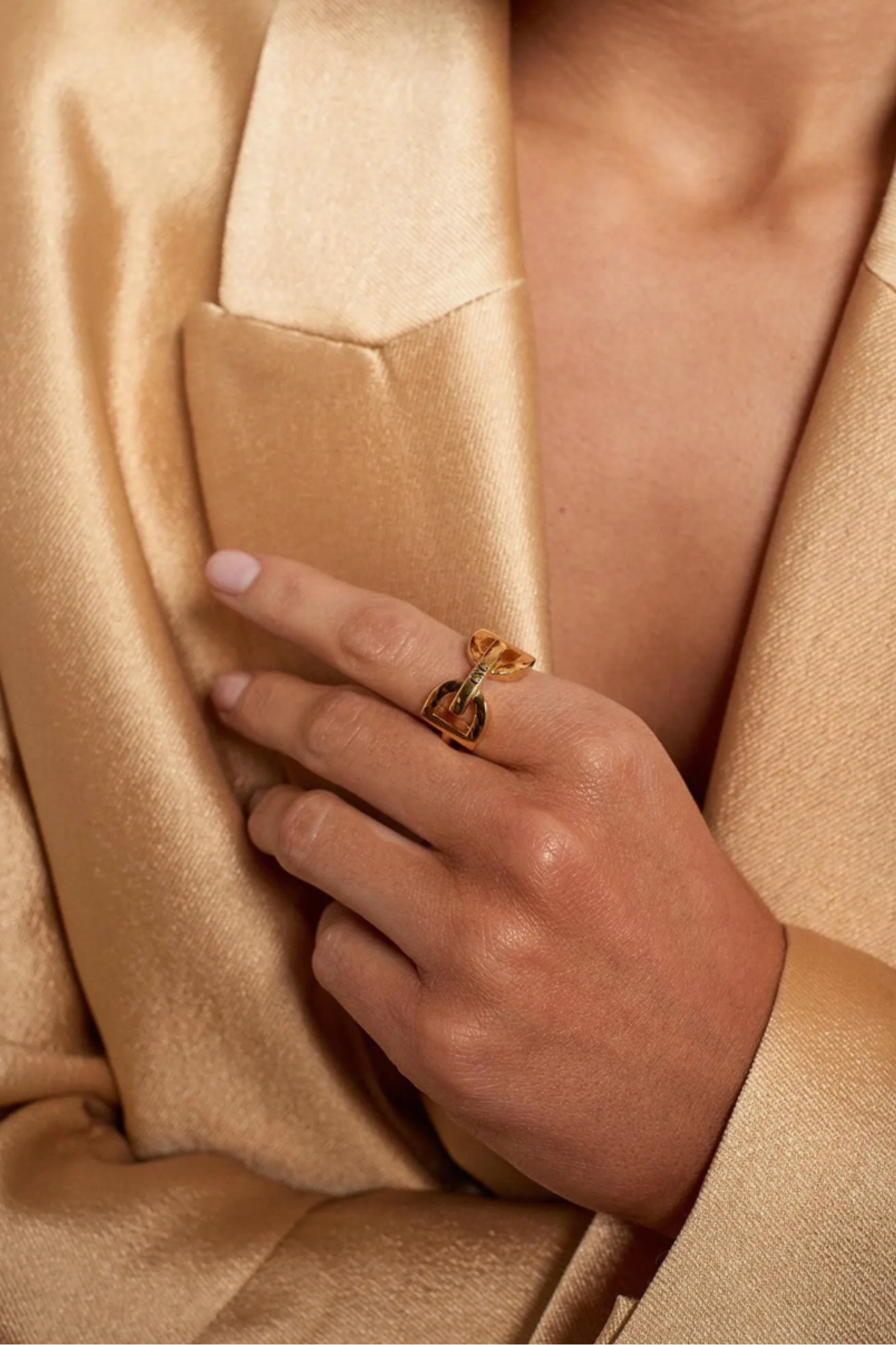 Mila D-ring style ring in gold plated brass with slightly oversized equestrian-inspired design. equestrian ring, D-ring ring, horse bit ring, equestrian jewelry, horse jewelry, horse girl jewelry