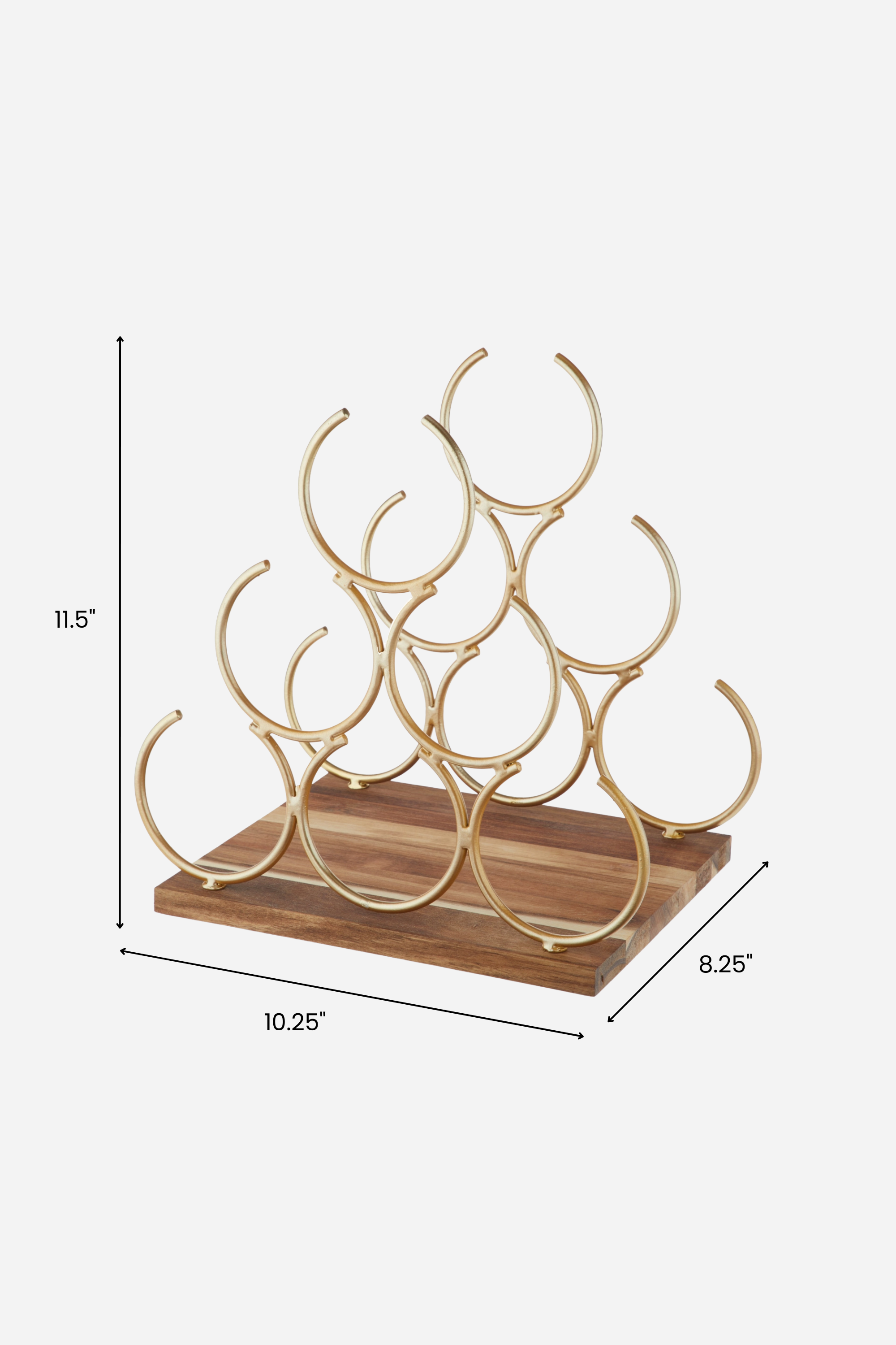 Gold metal geometric wine rack with a sleek, modern design, set on a natural acacia wood base. Measures 11.5'' high, 10.25'' wide, and 8.25'' deep, and holds up to six wine bottles, creating an elegant countertop display.