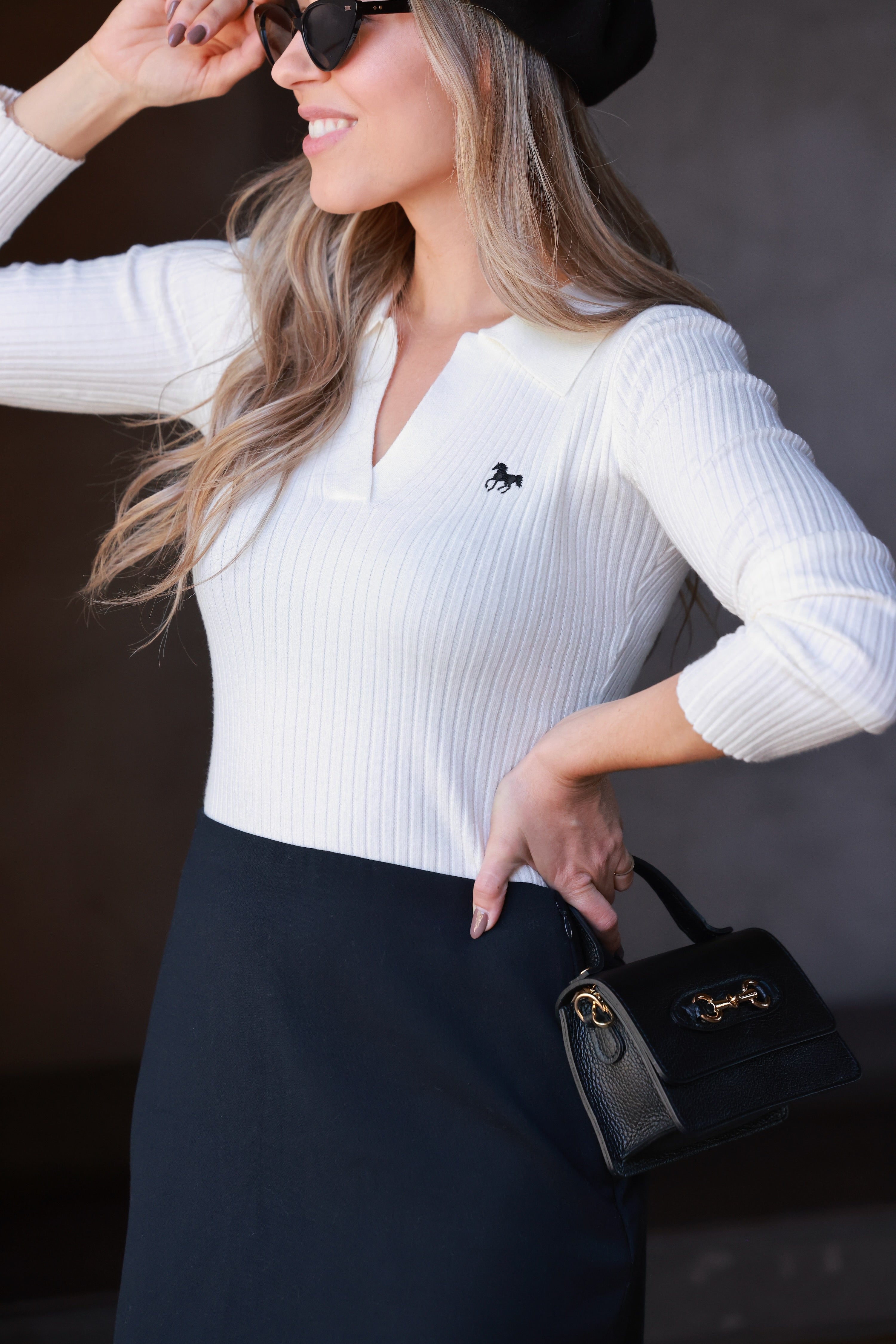 equestrian knit polo, horse embroidery sweater, long sleeve equestrian top, striped knit polo shirt, women’s equestrian fashion, collared equestrian shirt, fitted knit riding top, classic equestrian style, preppy horse motif sweater, luxury horse themed apparel, barn to street equestrian wear, stylish riding outfit