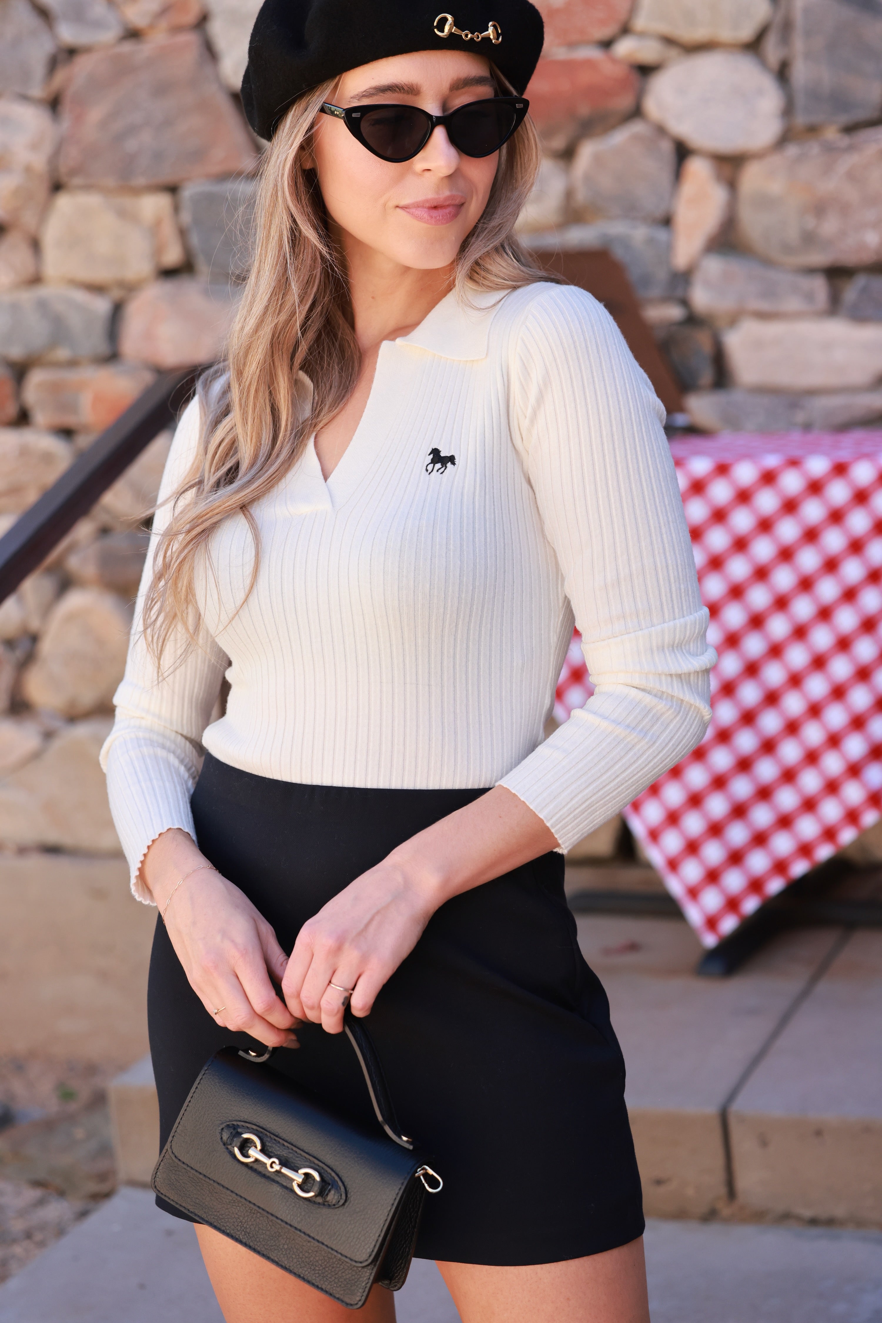 equestrian knit polo, horse embroidery sweater, long sleeve equestrian top, striped knit polo shirt, women’s equestrian fashion, collared equestrian shirt, fitted knit riding top, classic equestrian style, preppy horse motif sweater, luxury horse themed apparel, barn to street equestrian wear, stylish riding outfit
