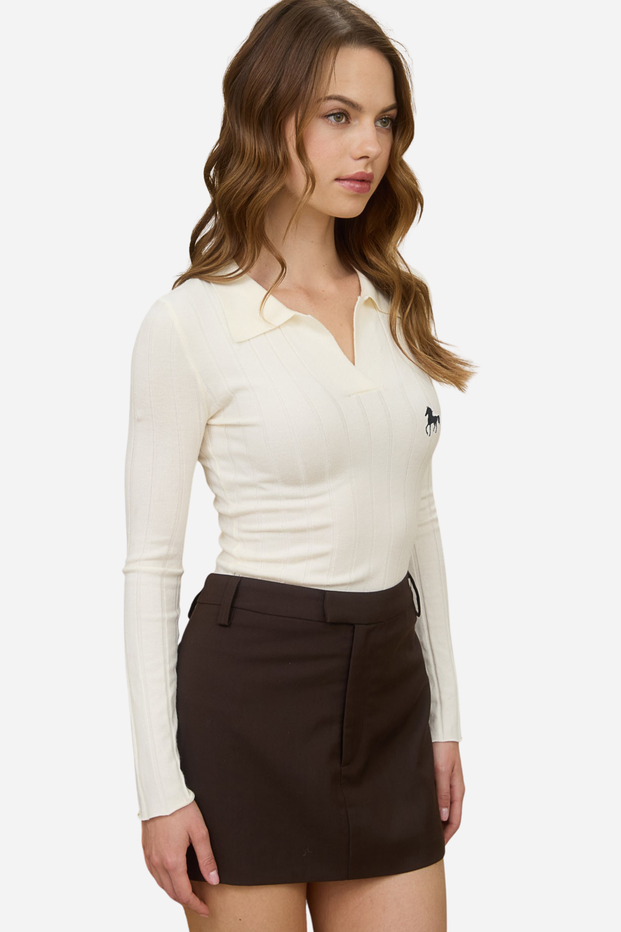 equestrian knit polo, horse embroidery sweater, long sleeve equestrian top, striped knit polo shirt, women’s equestrian fashion, collared equestrian shirt, fitted knit riding top, classic equestrian style, preppy horse motif sweater, luxury horse themed apparel, barn to street equestrian wear, stylish riding outfit