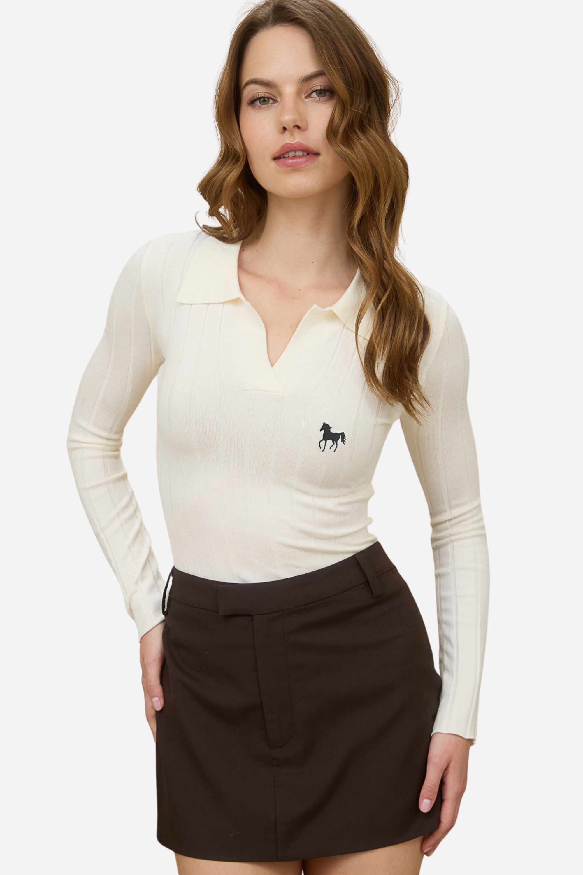 equestrian knit polo, horse embroidery sweater, long sleeve equestrian top, striped knit polo shirt, women’s equestrian fashion, collared equestrian shirt, fitted knit riding top, classic equestrian style, preppy horse motif sweater, luxury horse themed apparel, barn to street equestrian wear, stylish riding outfit