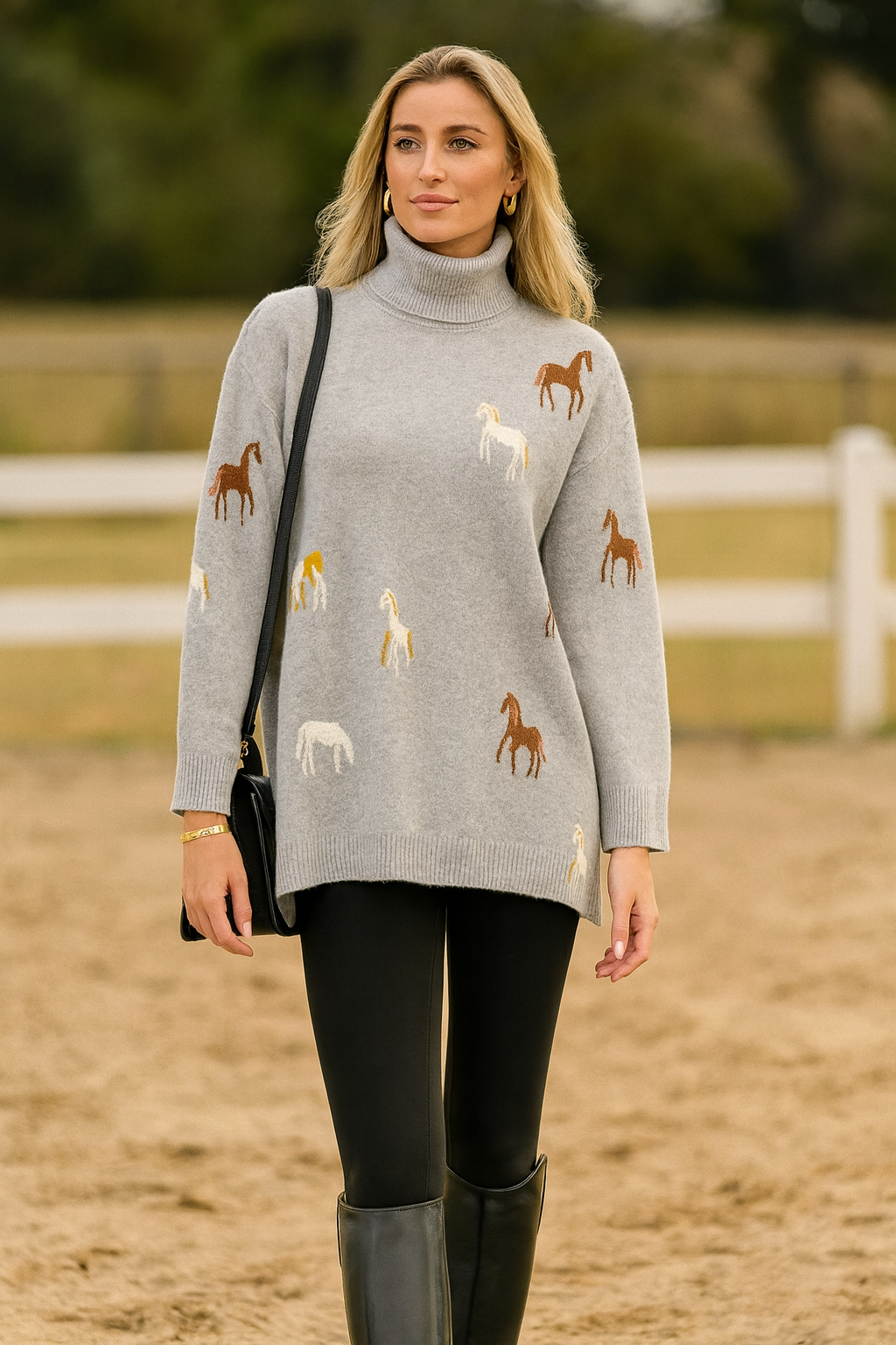 Heather Grey knit turtleneck sweater featuring colorful galloping horse patterns, crafted from a soft viscose-polyester-nylon blend. A stylish and cozy equestrian-inspired piece perfect for horse lovers.