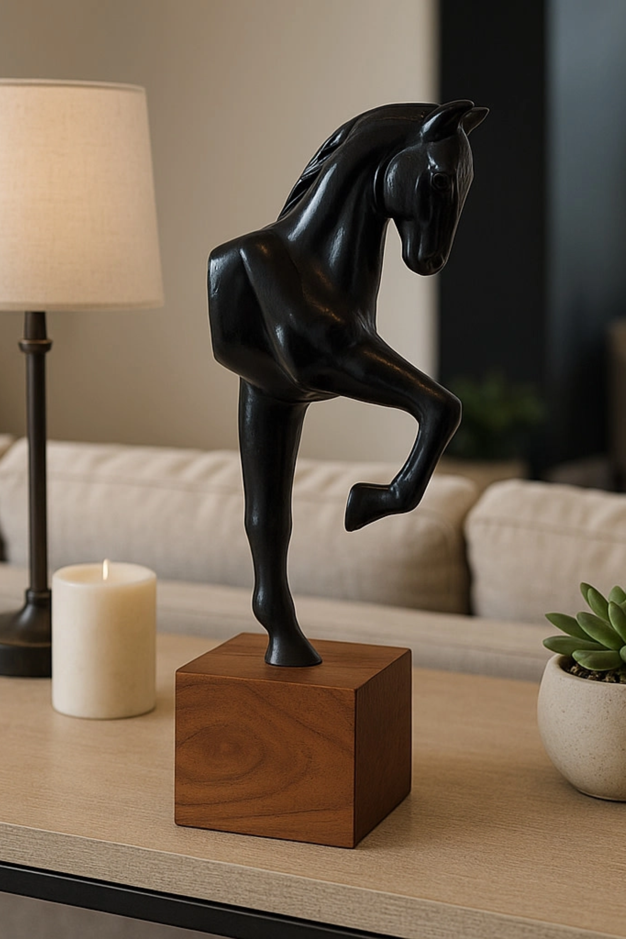 Equestrian home decor featuring metal horse sculpture on wood base, handcrafted design. horse decor, equestrian home decor, horse sculpture, horse figurine, equestrian accent piece, horse themed decor