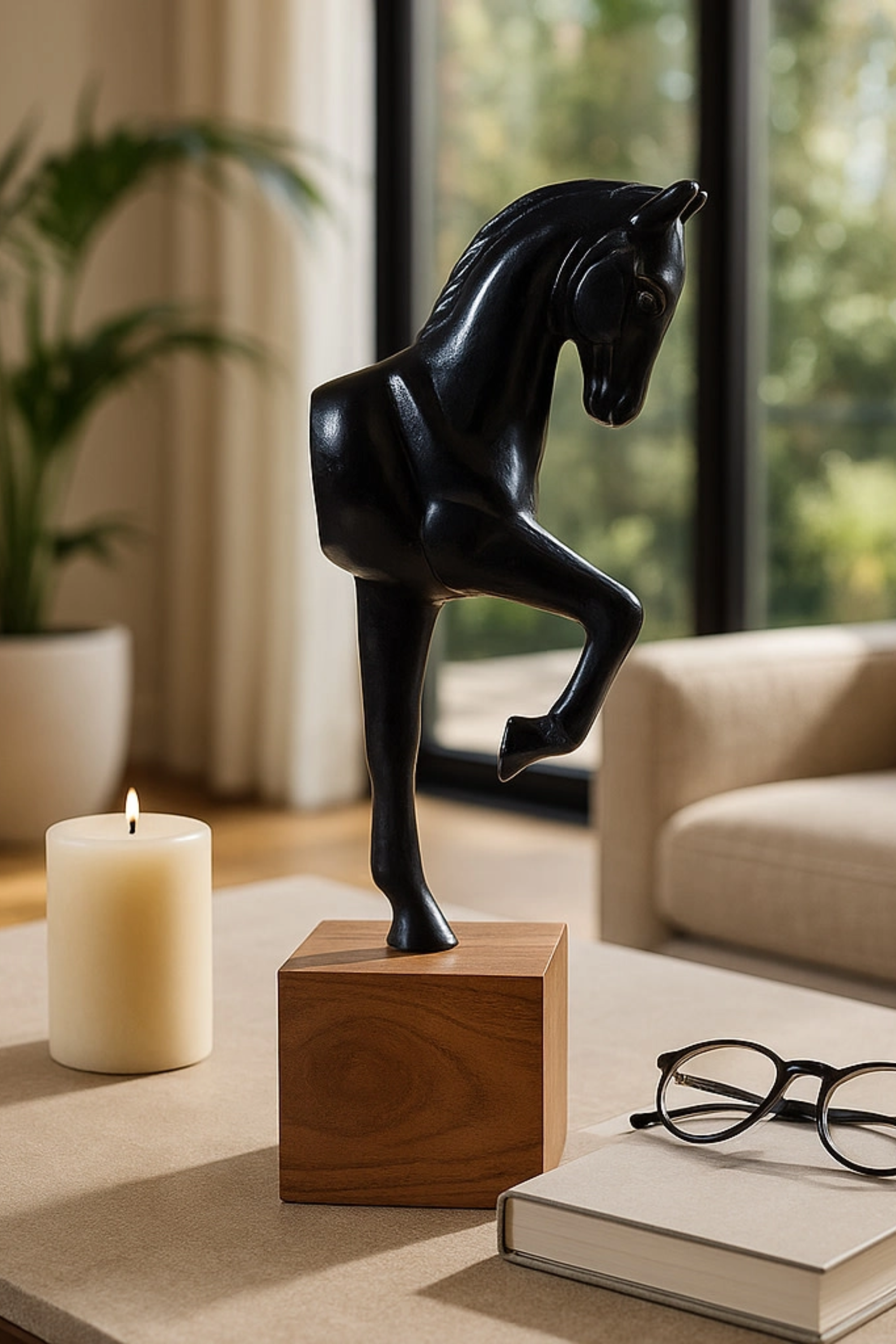 Equestrian home decor featuring metal horse sculpture on wood base, handcrafted design. horse decor, equestrian home decor, horse sculpture, horse figurine, equestrian accent piece, horse themed decor