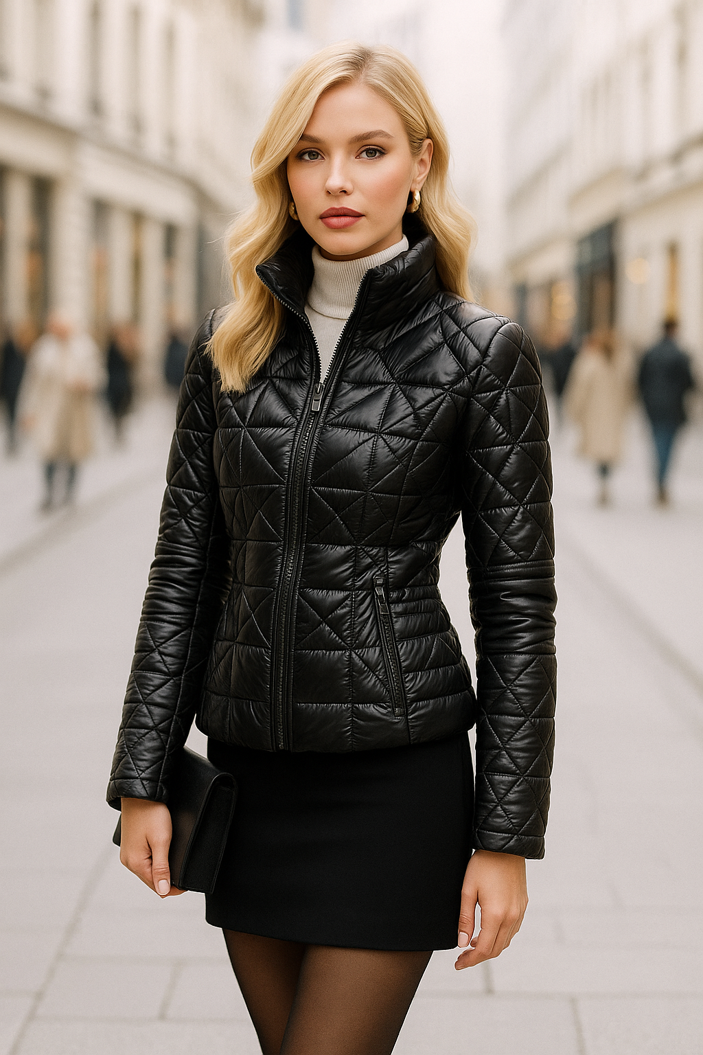 Woman wearing a black quilted jacket against a plain background - Packable puffer jacket, Lightweight down jacket, Black athletic outerwear, Travel-friendly puffer coat, Stylish winter layering