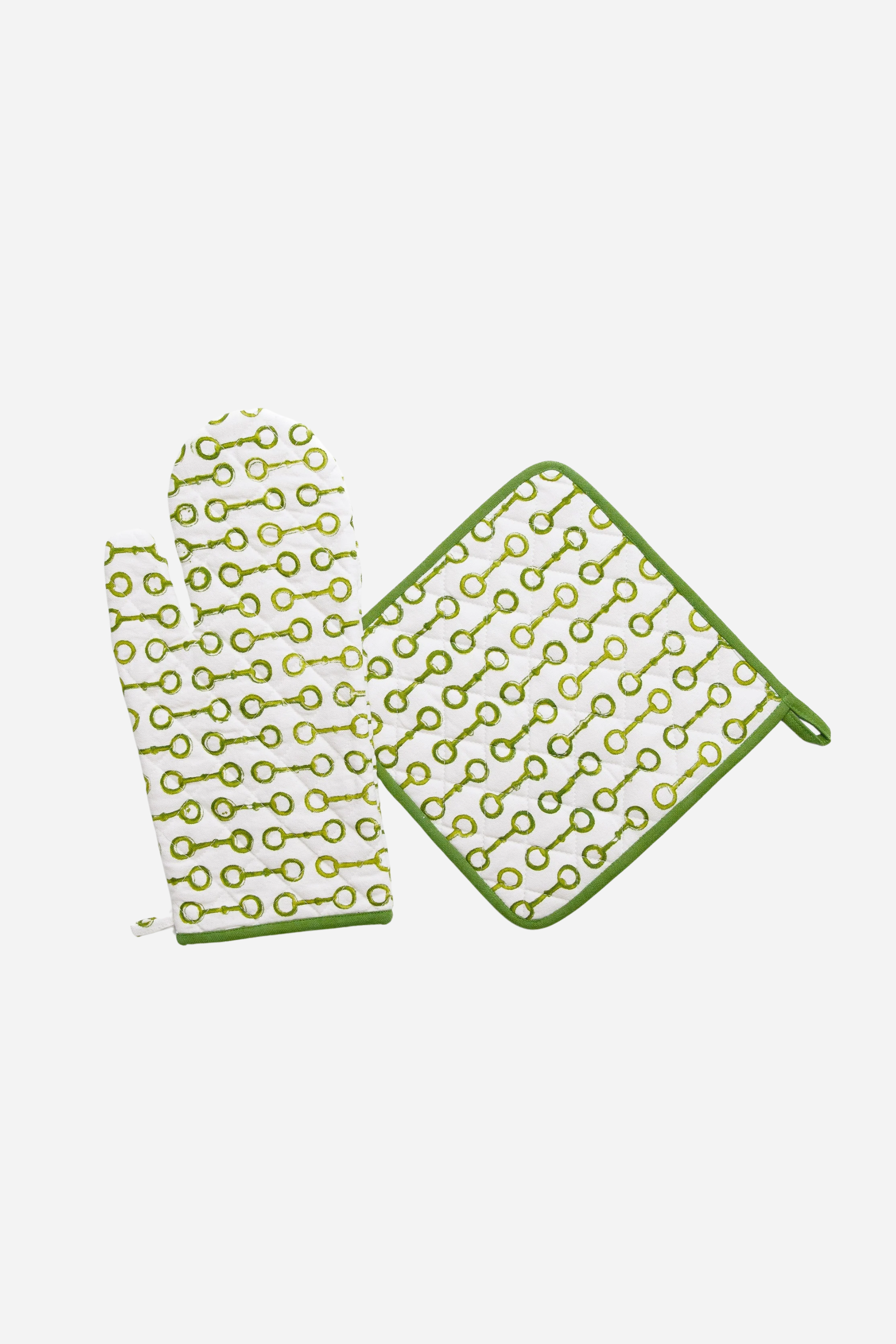 Pomegranate Paddock Club Oven Mitt Set hand block-printed green snaffle bit pattern
