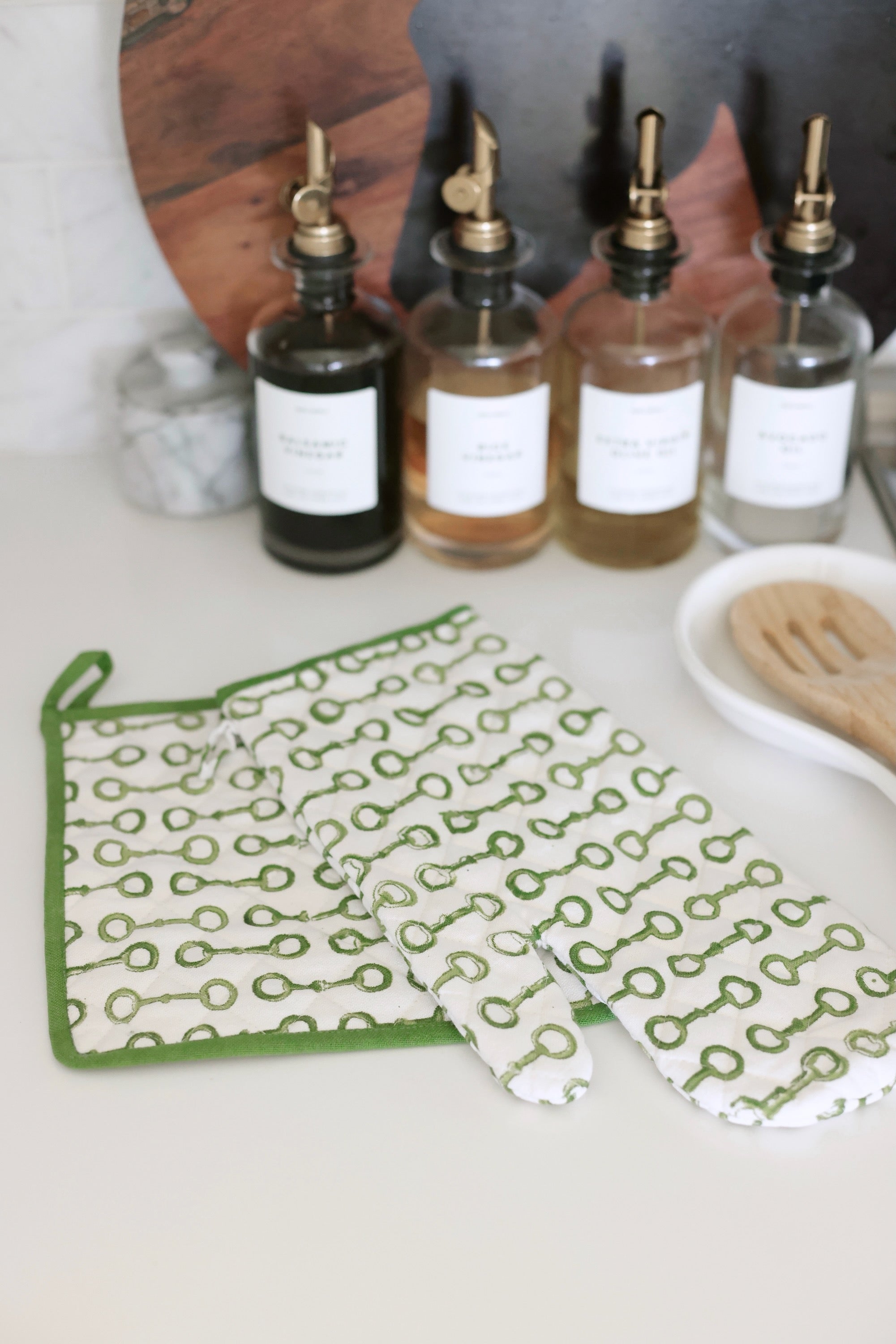 Pomegranate Paddock Club Oven Mitt Set hand block-printed green snaffle bit pattern