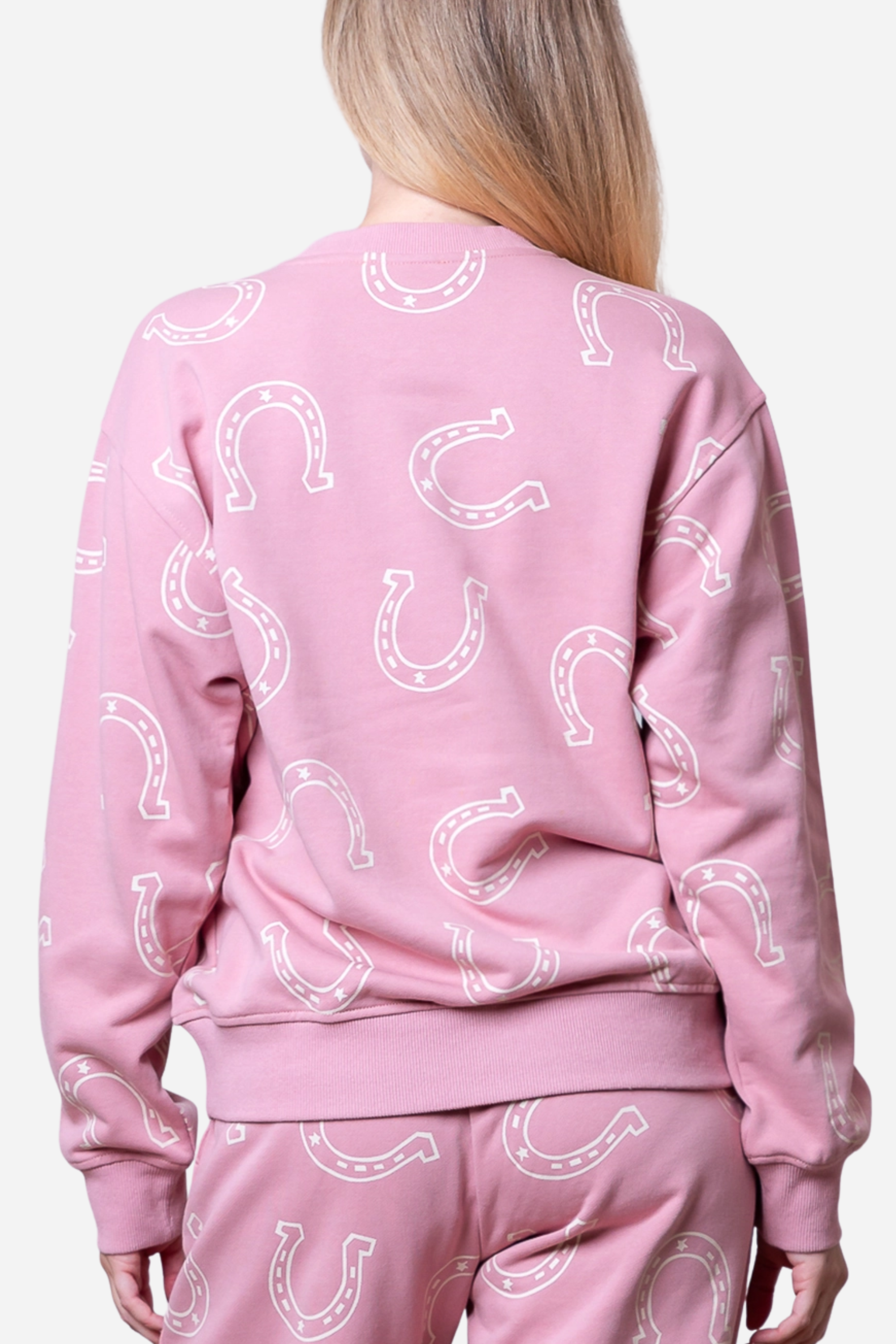 Pink Pony Club Lounge Sweat Set, Style: long sleeve round neck horseshoe printed sweatshirt, Texture: soft, Color: Mauve, Pattern Type: horseshoe, Details: long sleeve, round neck, horseshoe print, sweatshirt, Neckline: round neck, Sleeve Length: long sleeve, Fit Type: relaxed fit