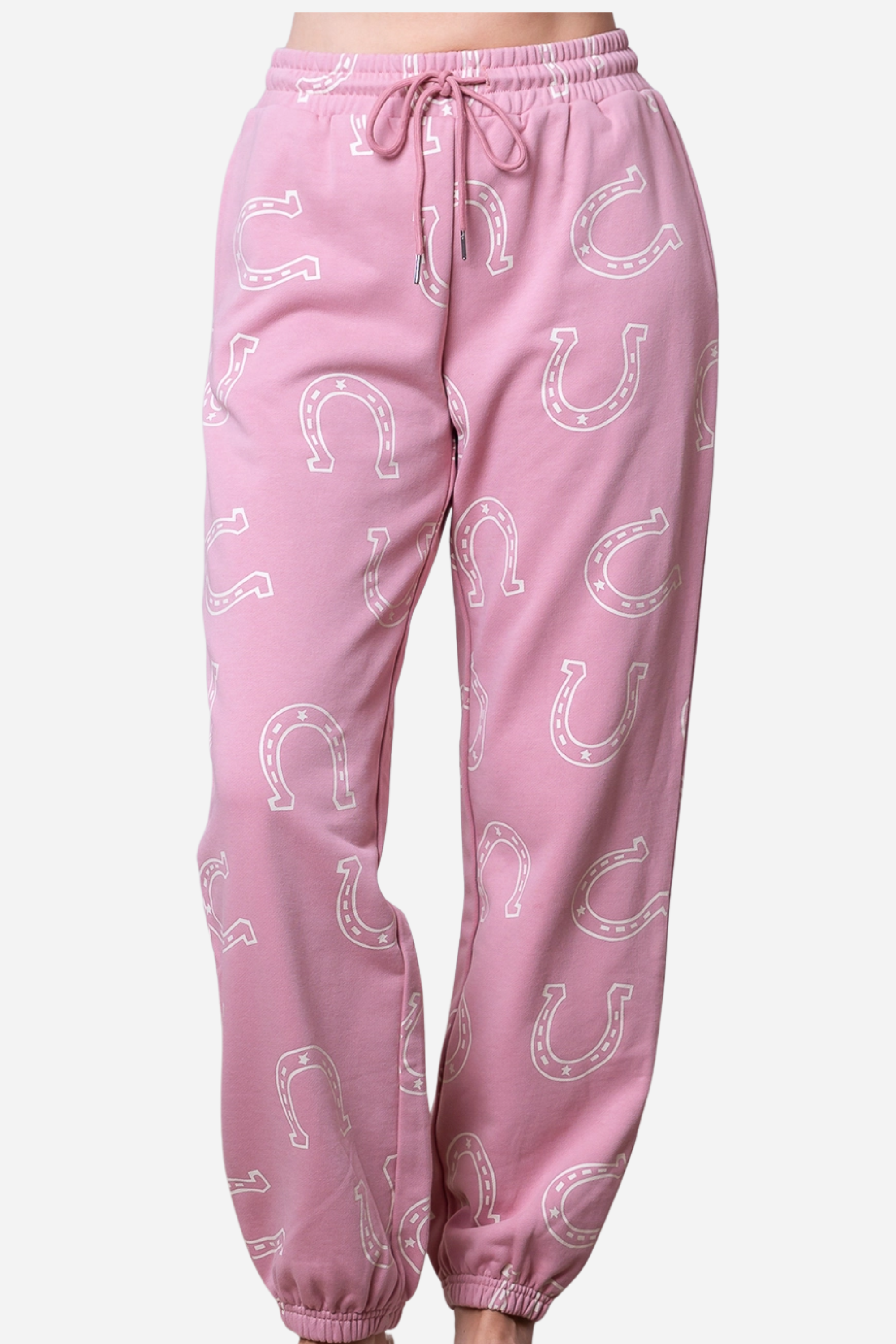 Pink Pony Club Lounge Sweat Set, Style: long sleeve round neck horseshoe printed sweatshirt, Texture: soft, Color: Mauve, Pattern Type: horseshoe, Details: long sleeve, round neck, horseshoe print, sweatshirt, Neckline: round neck, Sleeve Length: long sleeve, Fit Type: relaxed fit