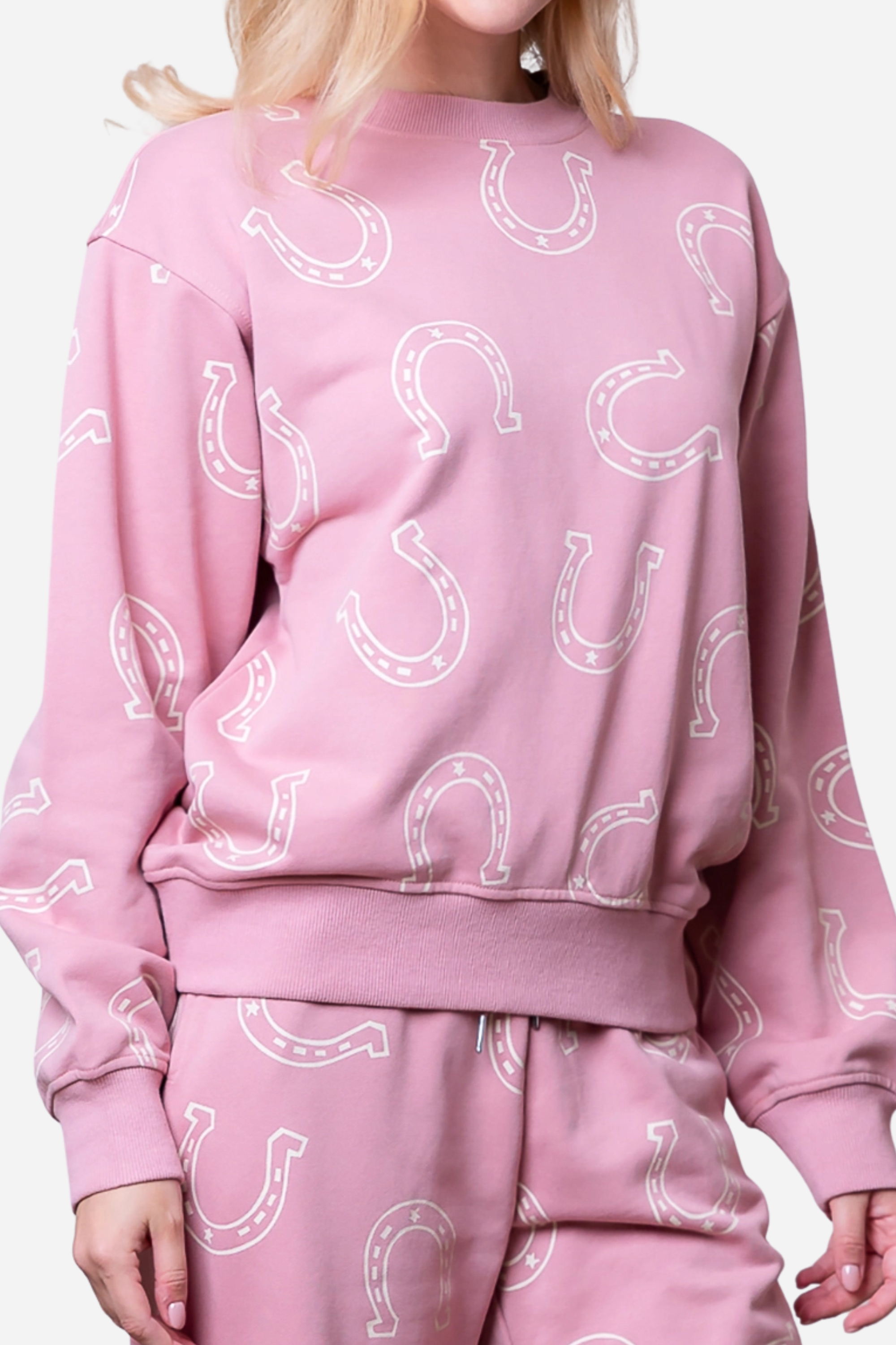 Pink Pony Club Lounge Sweat Set, Style: long sleeve round neck horseshoe printed sweatshirt, Texture: soft, Color: Mauve, Pattern Type: horseshoe, Details: long sleeve, round neck, horseshoe print, sweatshirt, Neckline: round neck, Sleeve Length: long sleeve, Fit Type: relaxed fit